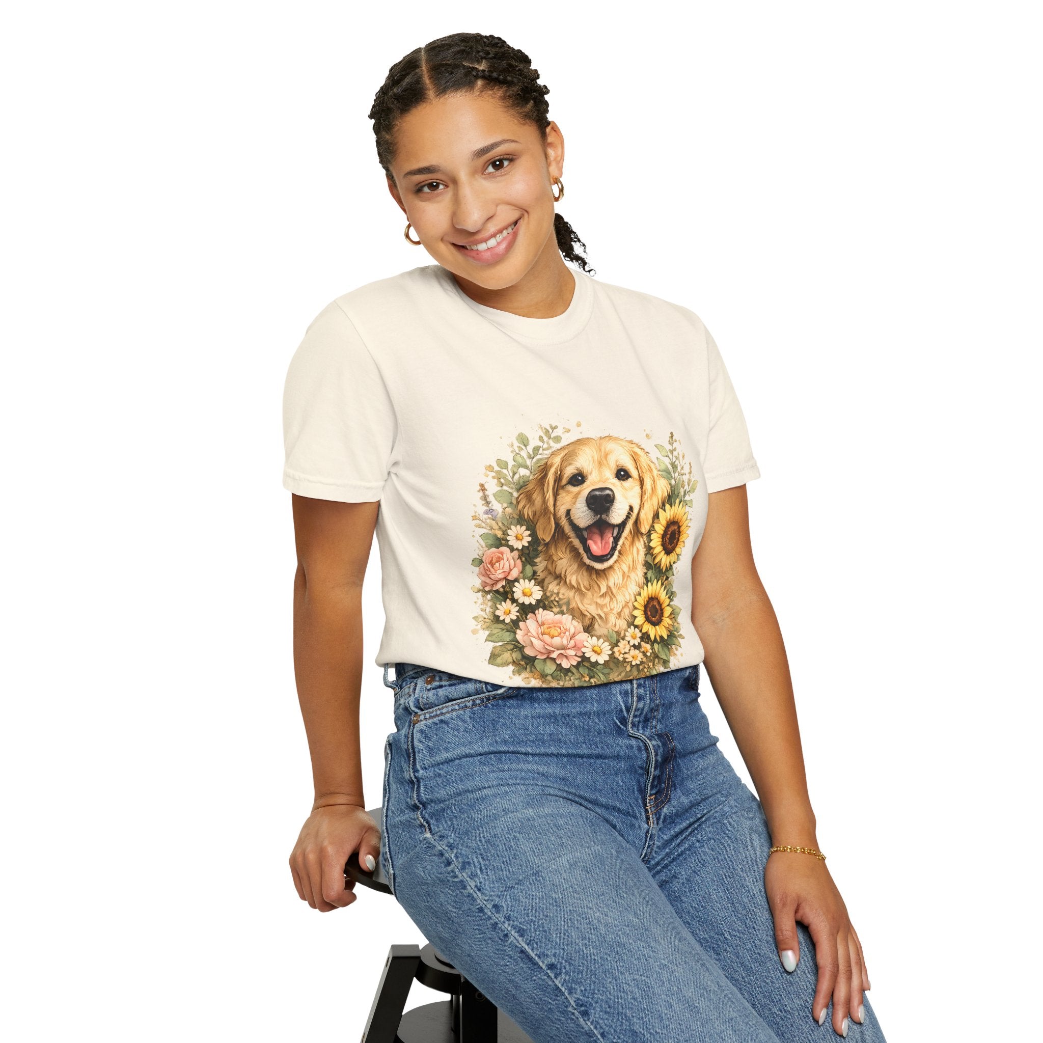 Golden Retriever Sunflower T-Shirt — Happy Dog Floral Tee Printify
