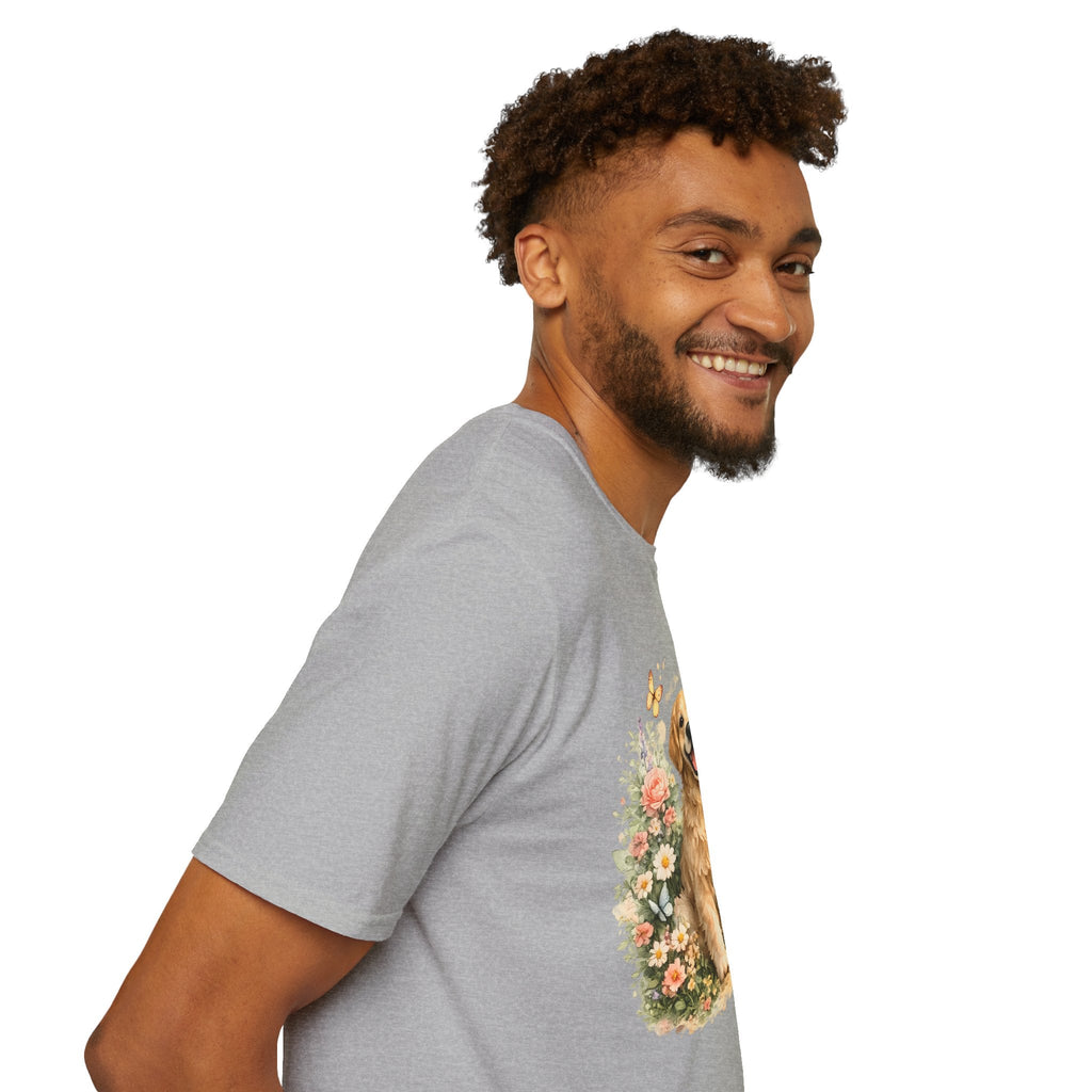 Golden Retriever Floral T-Shirt — Cute Dog with Butterflies Design Printify