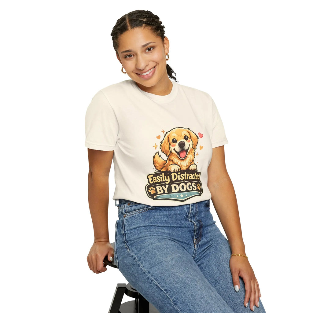 Dog Lover T-Shirt - "Easily Distracted By Dogs" Cute Golden Retriever Tee