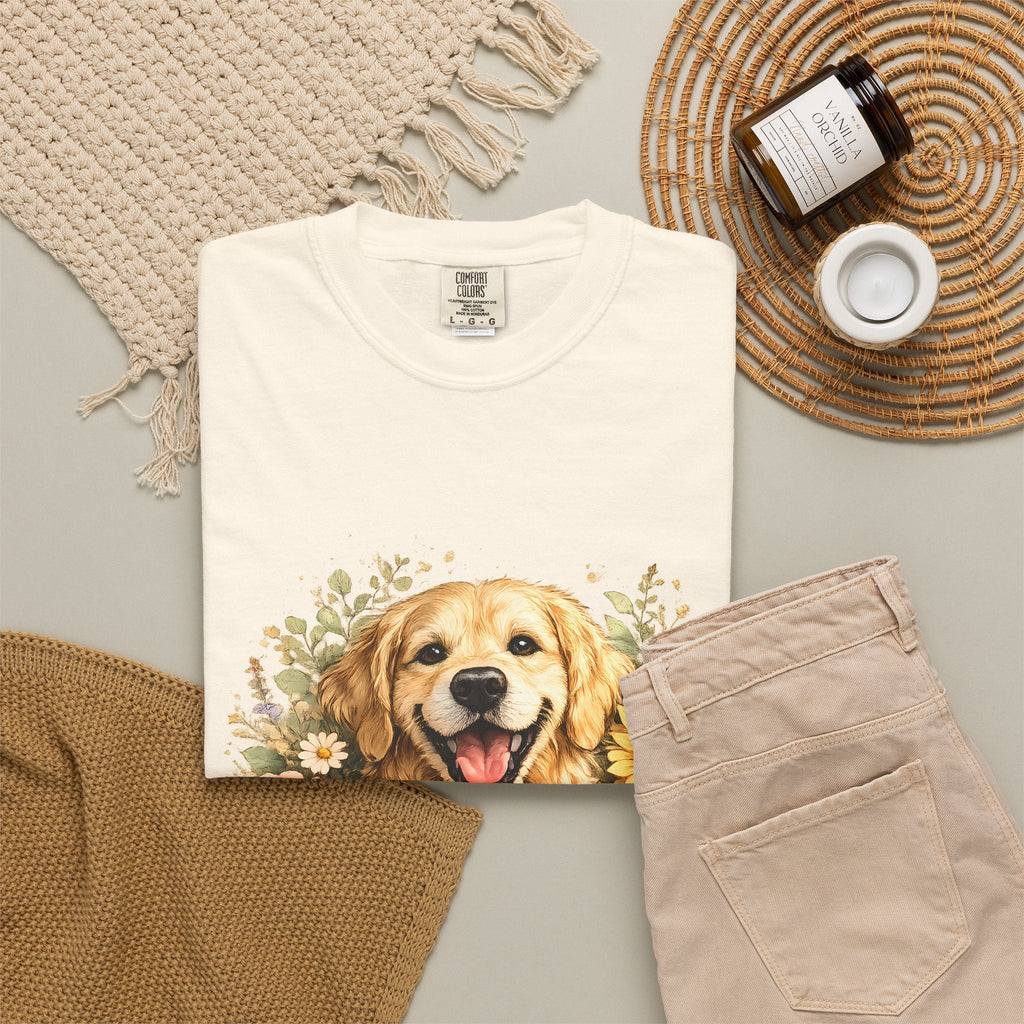 Golden Retriever Sunflower T-Shirt — Happy Dog Floral Tee Printify