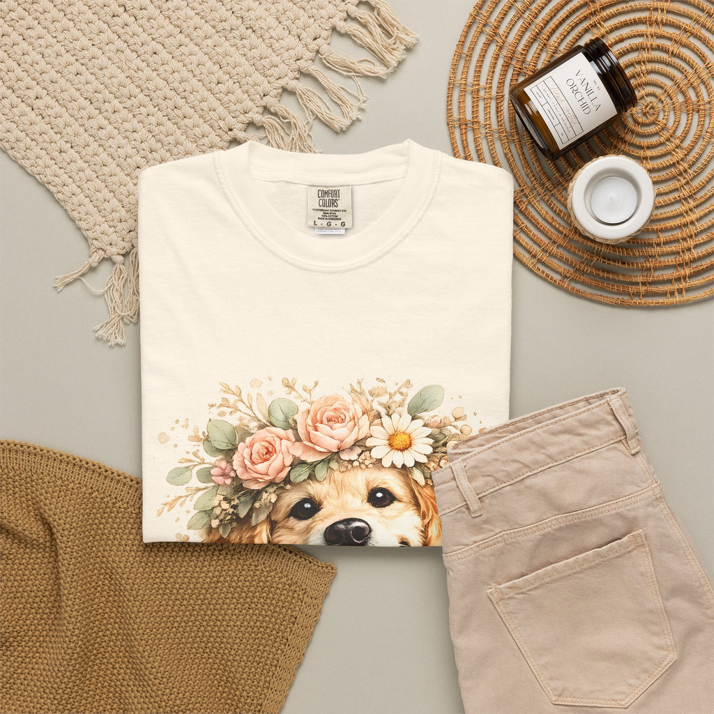 Golden Retriever Floral Crown T-Shirt — Cute Dog Tee for Pet Lovers Printify