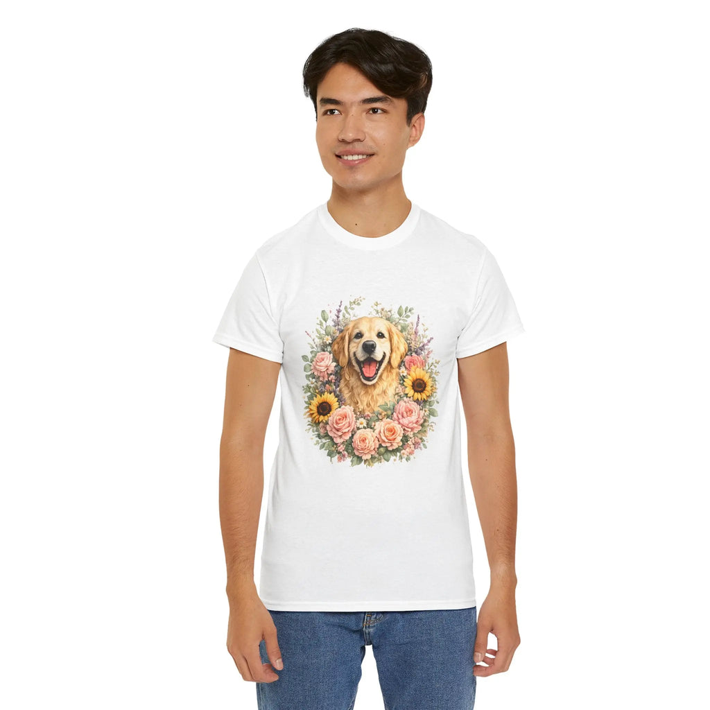 Golden Retriever Floral Tee — Happy Dog with Sunflowers & Roses Printify