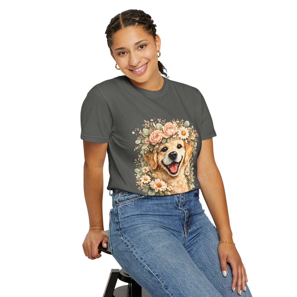 Golden Retriever Floral Crown T-Shirt — Cute Dog Tee for Pet Lovers Printify