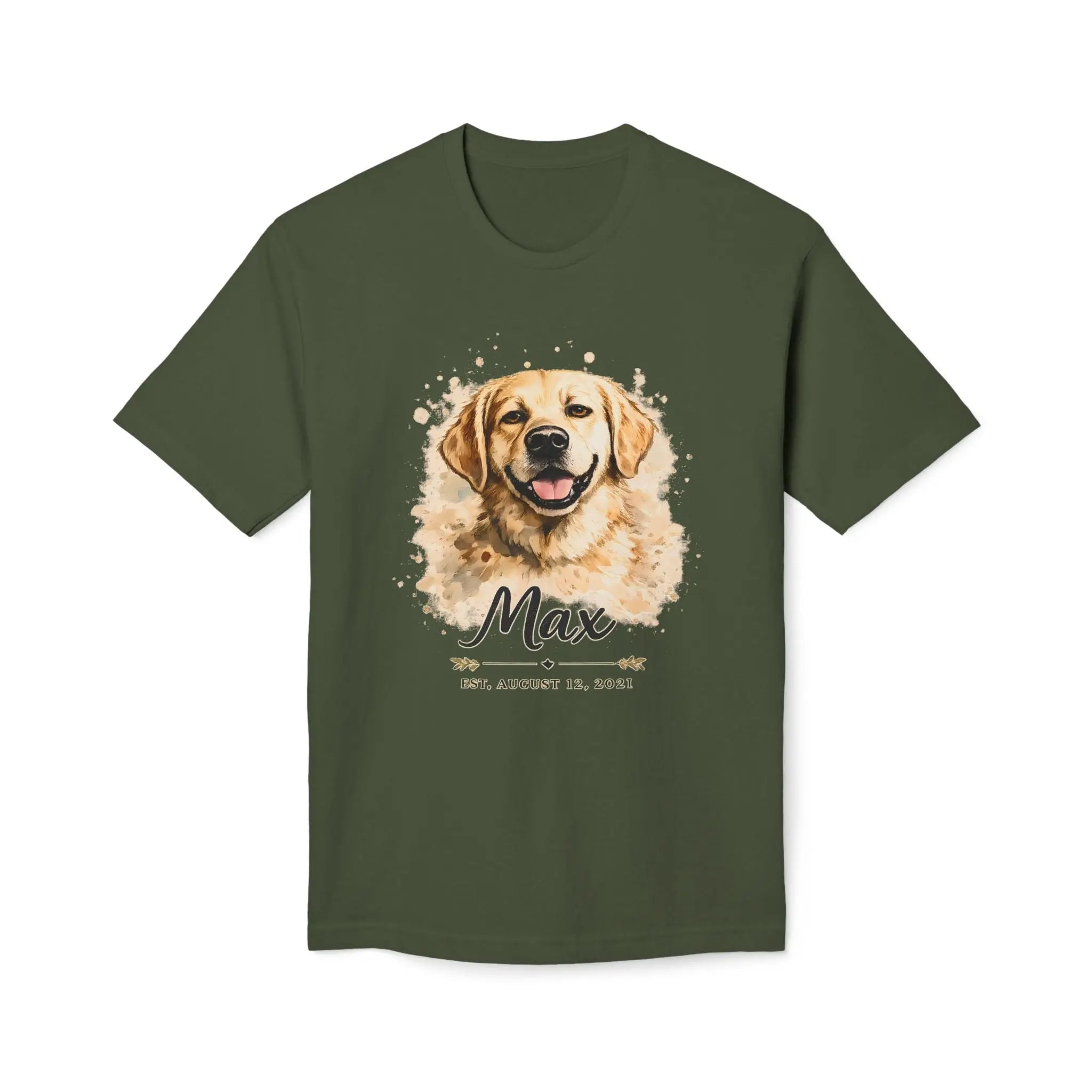 Personalized Dog Portrait Memorial T-Shirt — "Max" Name & Date Printify