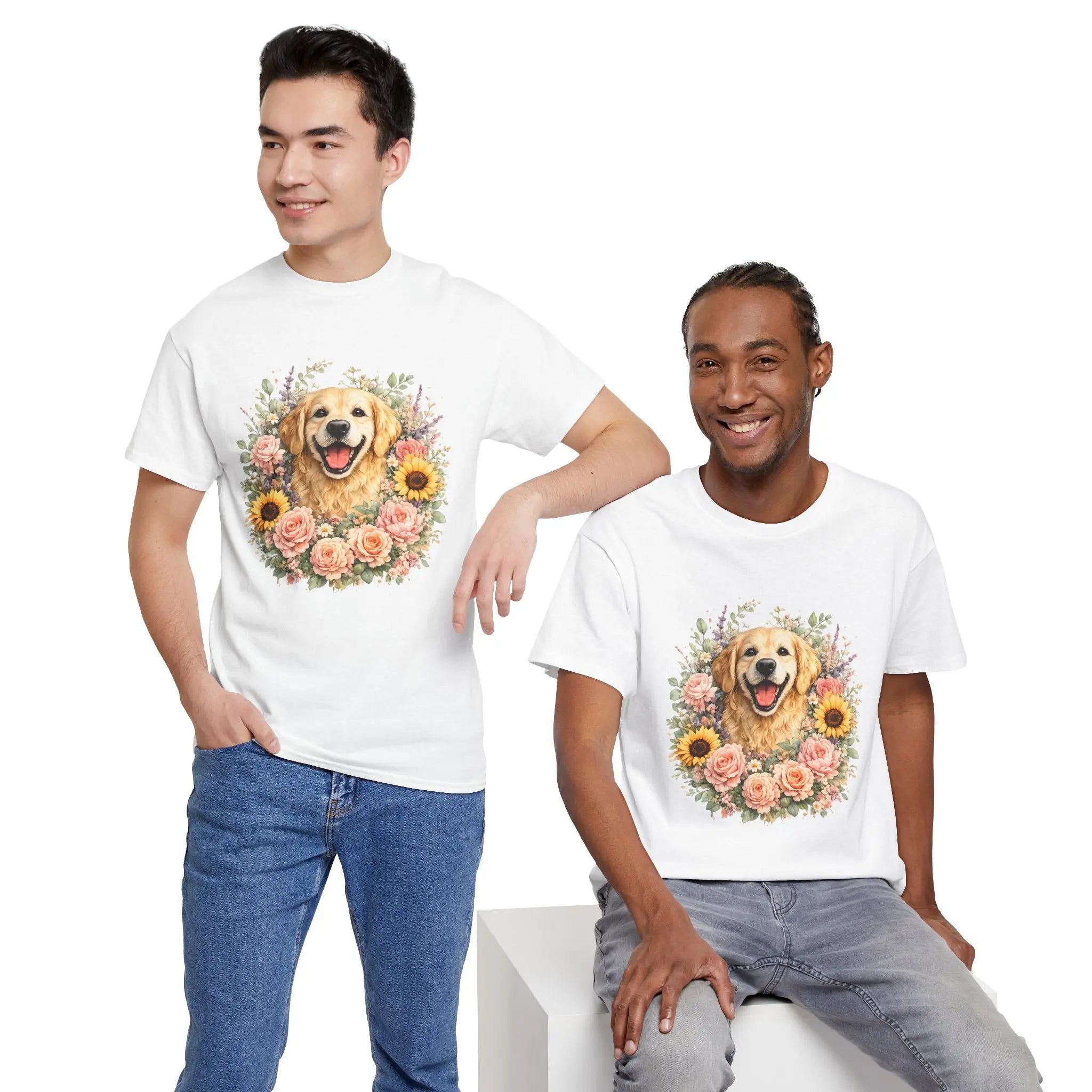 Golden Retriever Floral Tee — Happy Dog with Sunflowers & Roses Printify