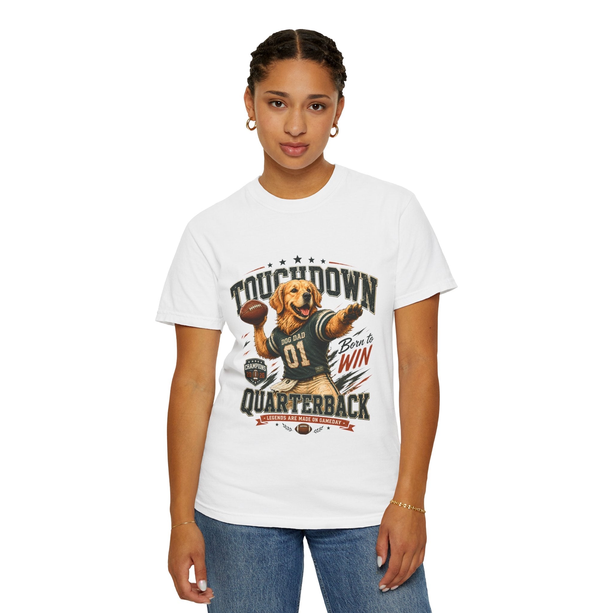 Touchdown Quarterback T-Shirt — Cute Golden Retriever Football Tee (Born to Win) Printify