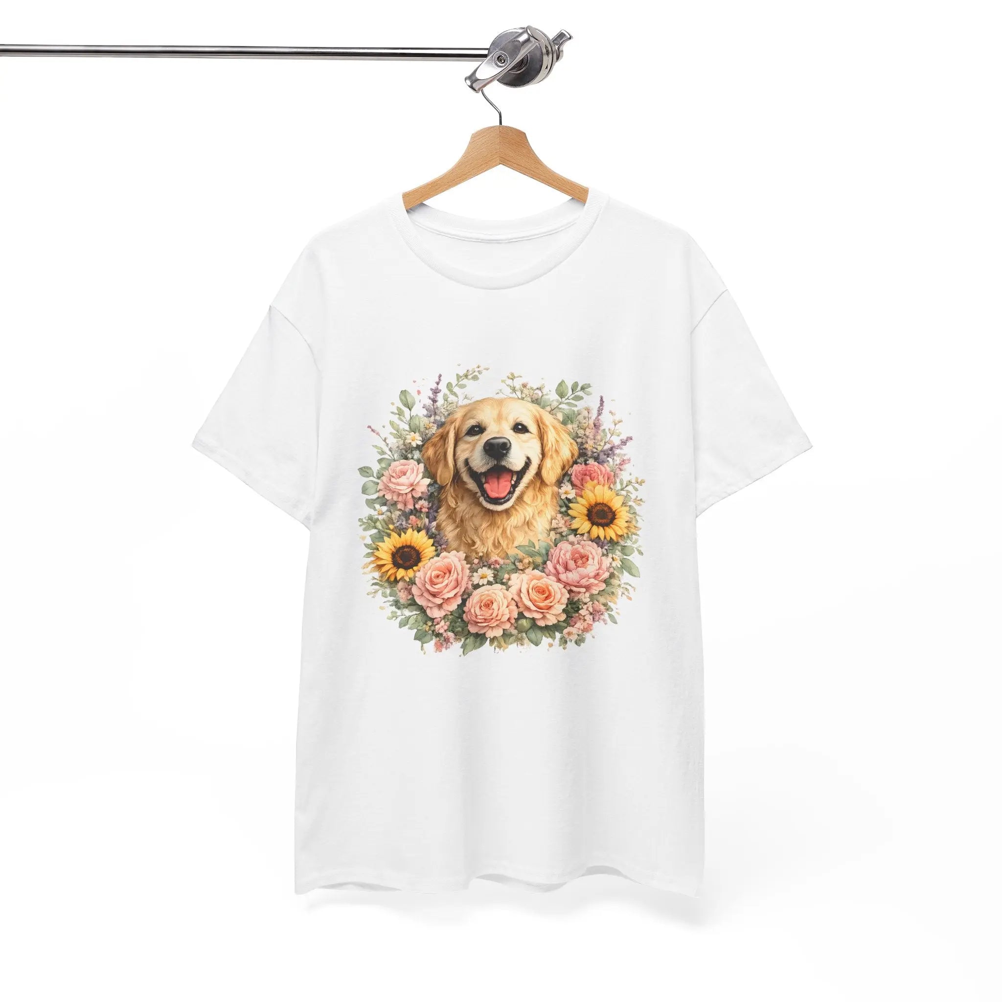 Golden Retriever Floral Tee — Happy Dog with Sunflowers & Roses Printify