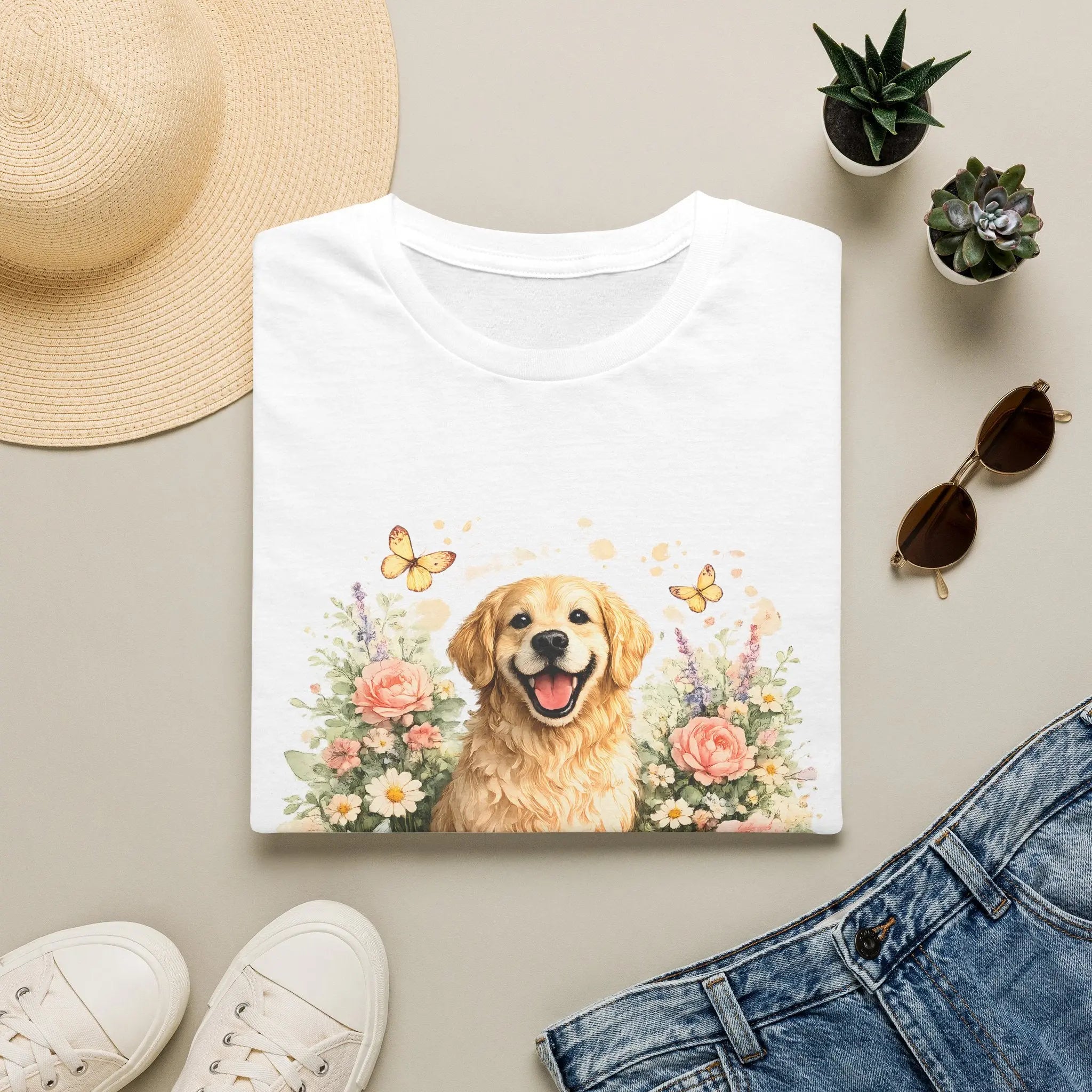 Golden Retriever Floral T-Shirt — Cute Dog with Butterflies Design Printify