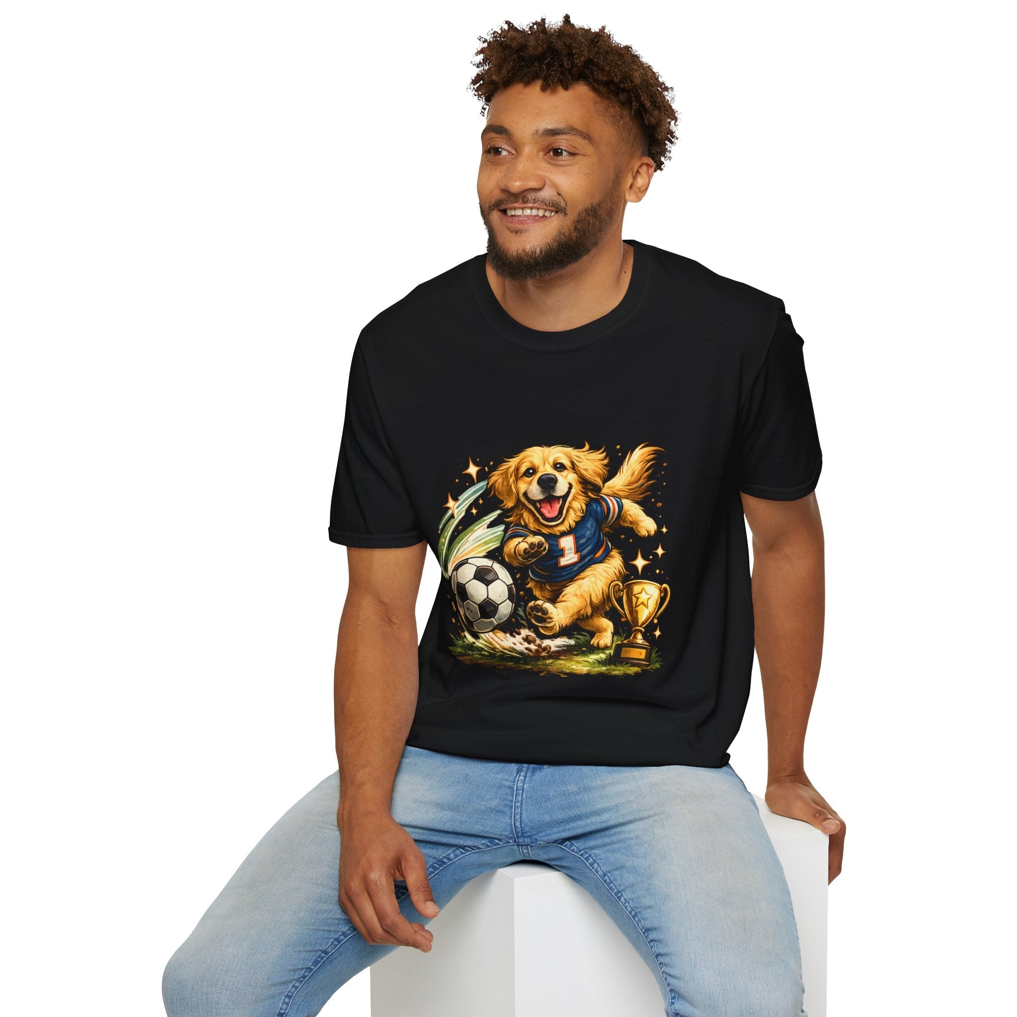 Golden Retriever Soccer T-Shirt — Cute Dog Playing Soccer Graphic Tee Printify
