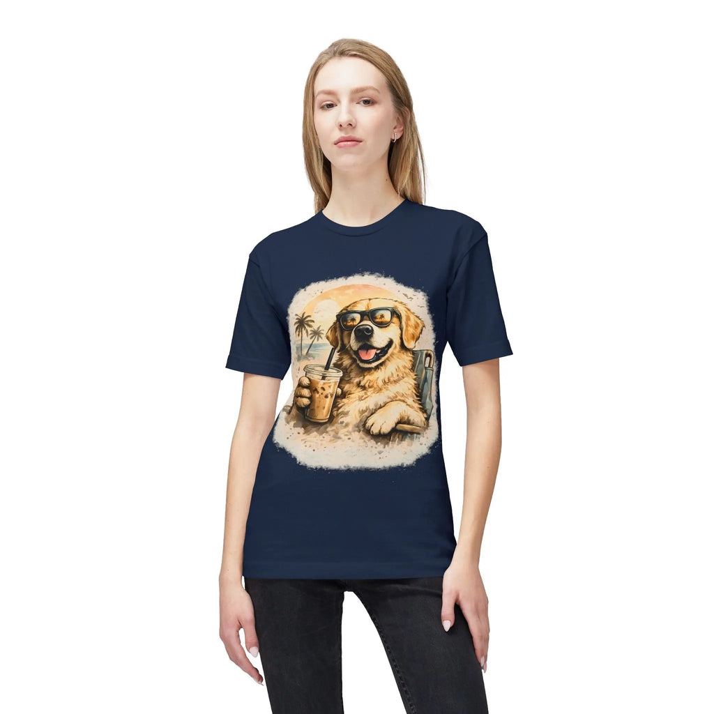 Golden Retriever Beach T-Shirt — Dog with Sunglasses & Drink Printify