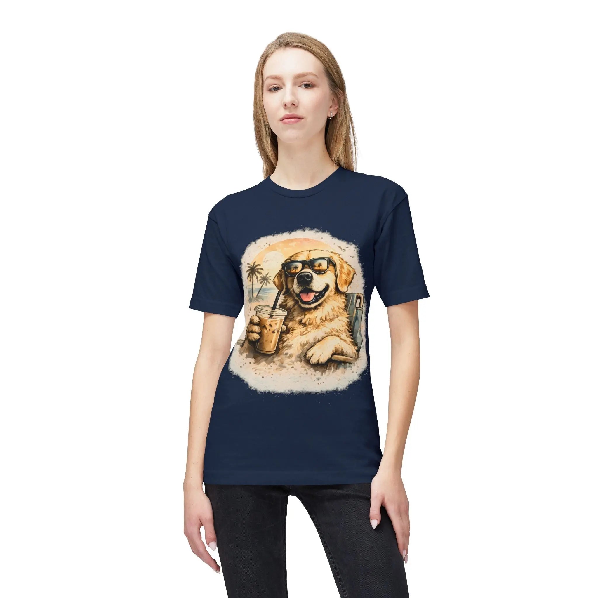 Golden Retriever Beach T-Shirt — Dog with Sunglasses & Drink Printify