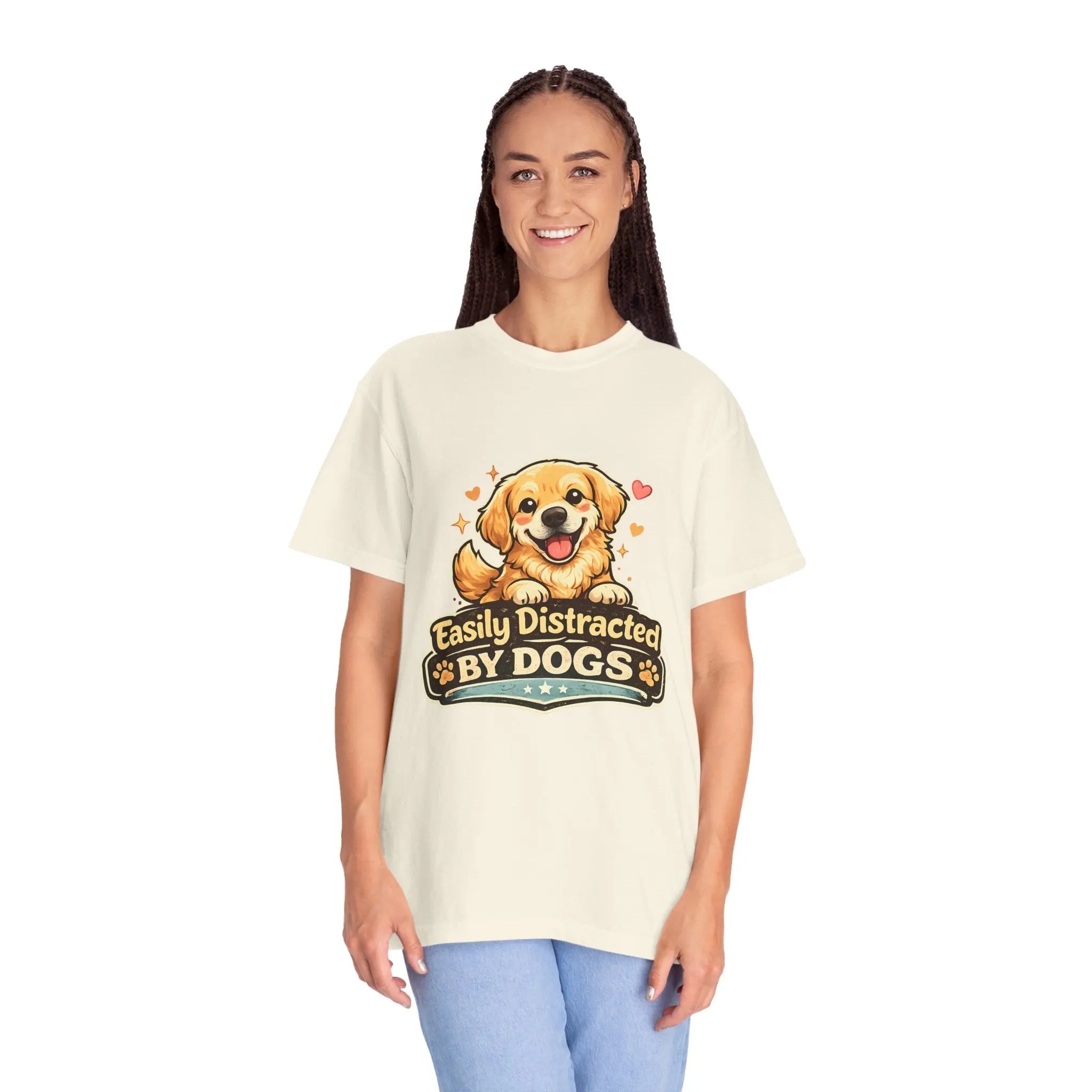 Dog Lover T-Shirt - "Easily Distracted By Dogs" Cute Golden Retriever Tee