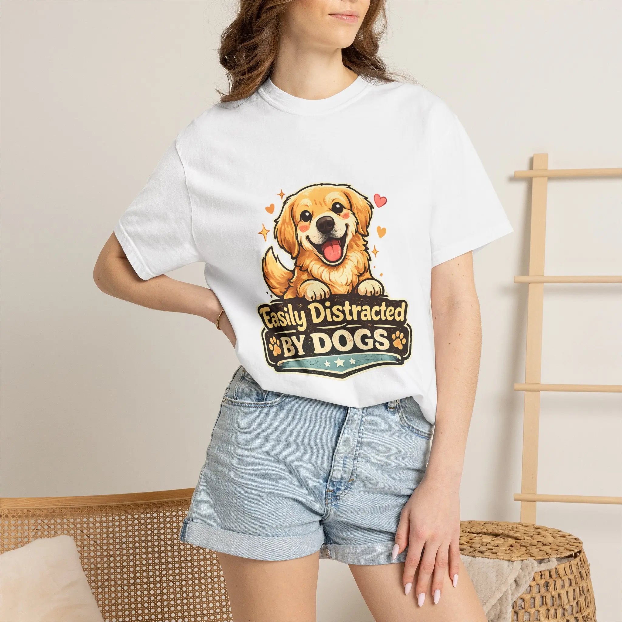Dog Lover T-Shirt - "Easily Distracted By Dogs" Cute Golden Retriever Tee