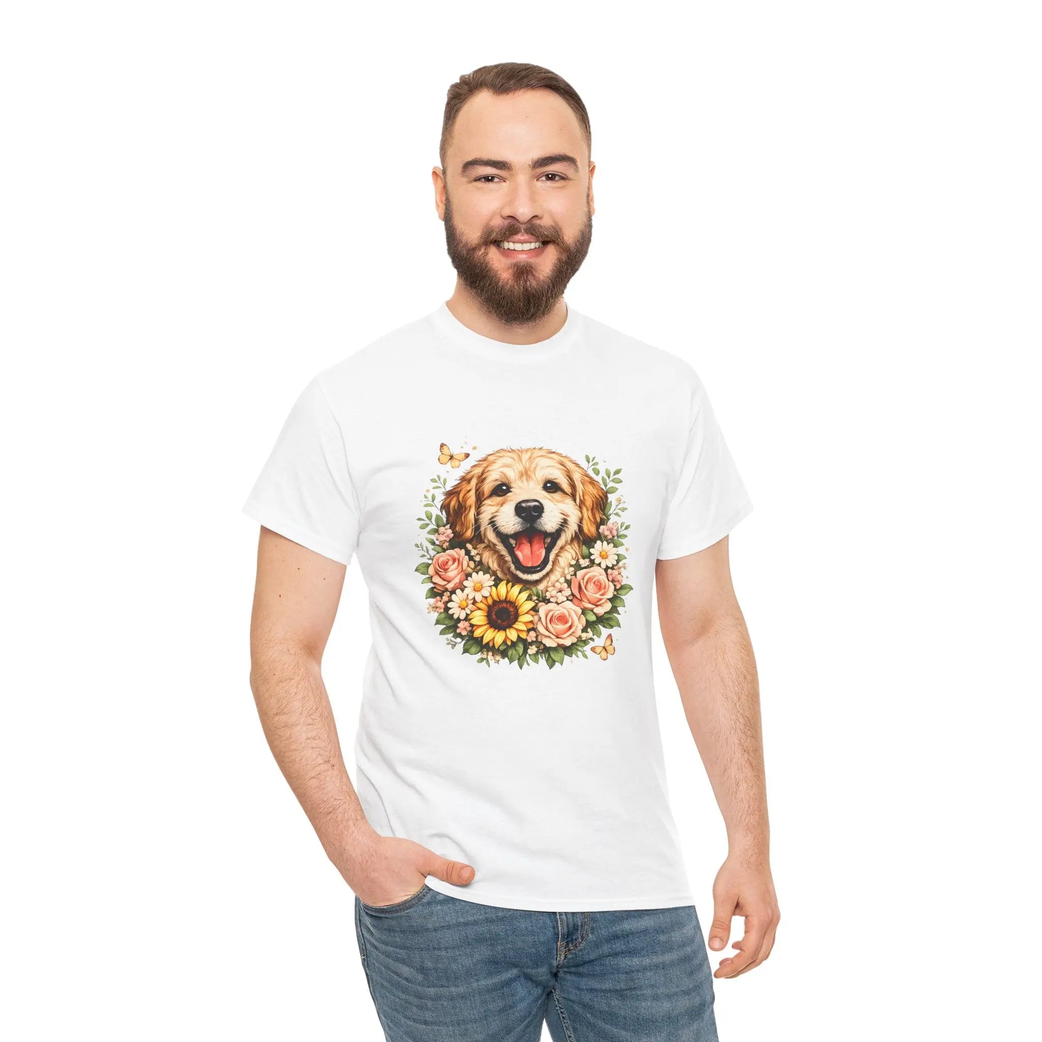 Golden Retriever Floral Tee — Happy Dog with Sunflowers Graphic T-Shirt Printify