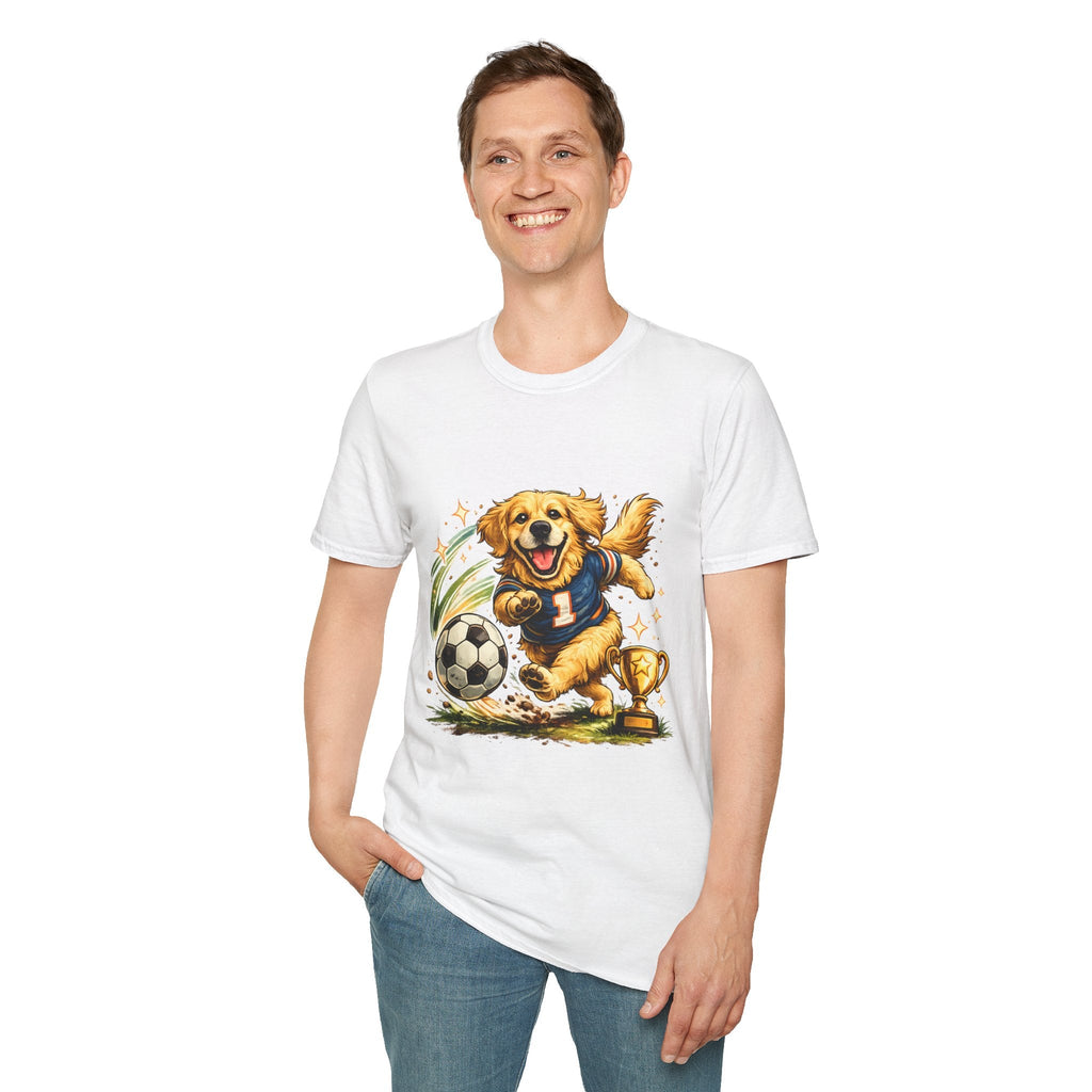 Golden Retriever Soccer T-Shirt — Cute Dog Playing Soccer Graphic Tee Printify