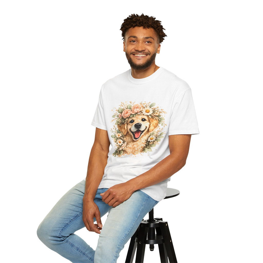 Golden Retriever Floral Crown T-Shirt — Cute Dog Tee for Pet Lovers Printify
