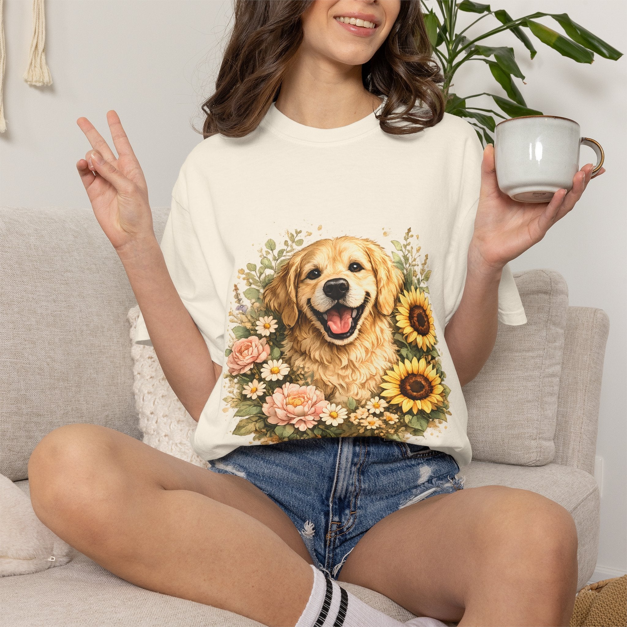 Golden Retriever Sunflower T-Shirt — Happy Dog Floral Tee Printify
