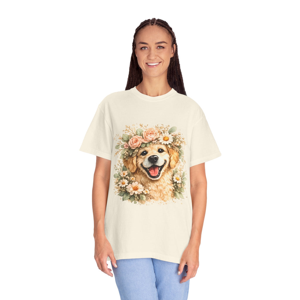 Golden Retriever Floral Crown T-Shirt — Cute Dog Tee for Pet Lovers Printify
