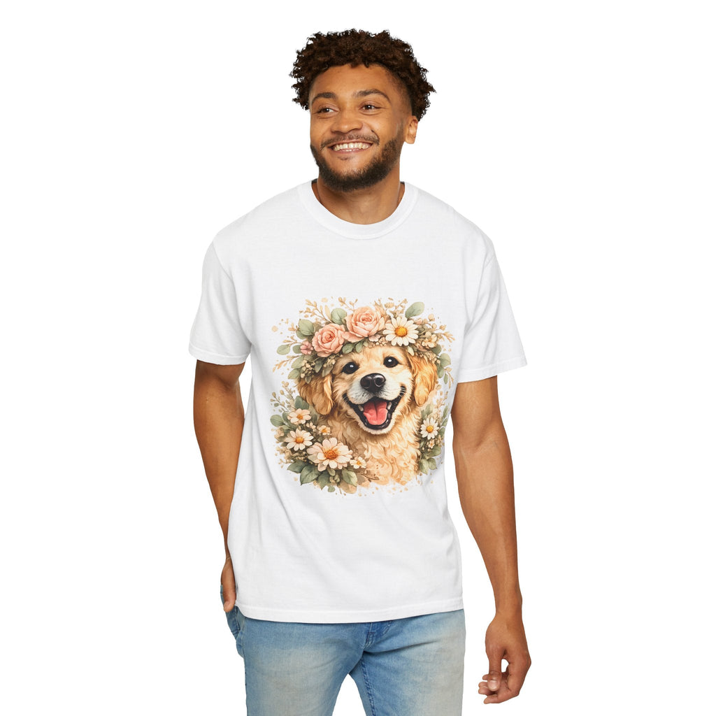 Golden Retriever Floral Crown T-Shirt — Cute Dog Tee for Pet Lovers Printify