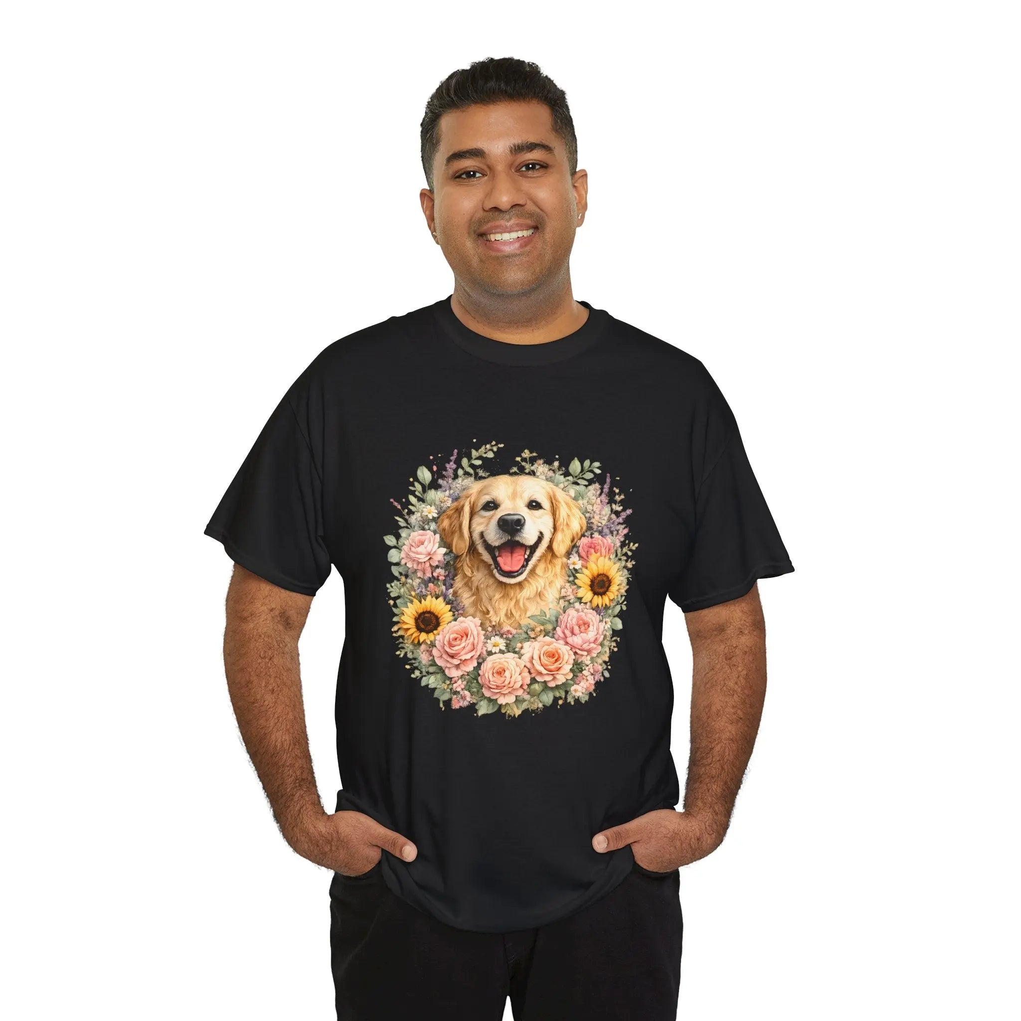 Golden Retriever Floral Tee — Happy Dog with Sunflowers & Roses Printify