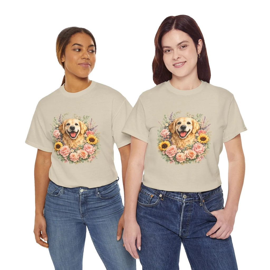 Golden Retriever Floral Tee — Happy Dog with Sunflowers & Roses Printify