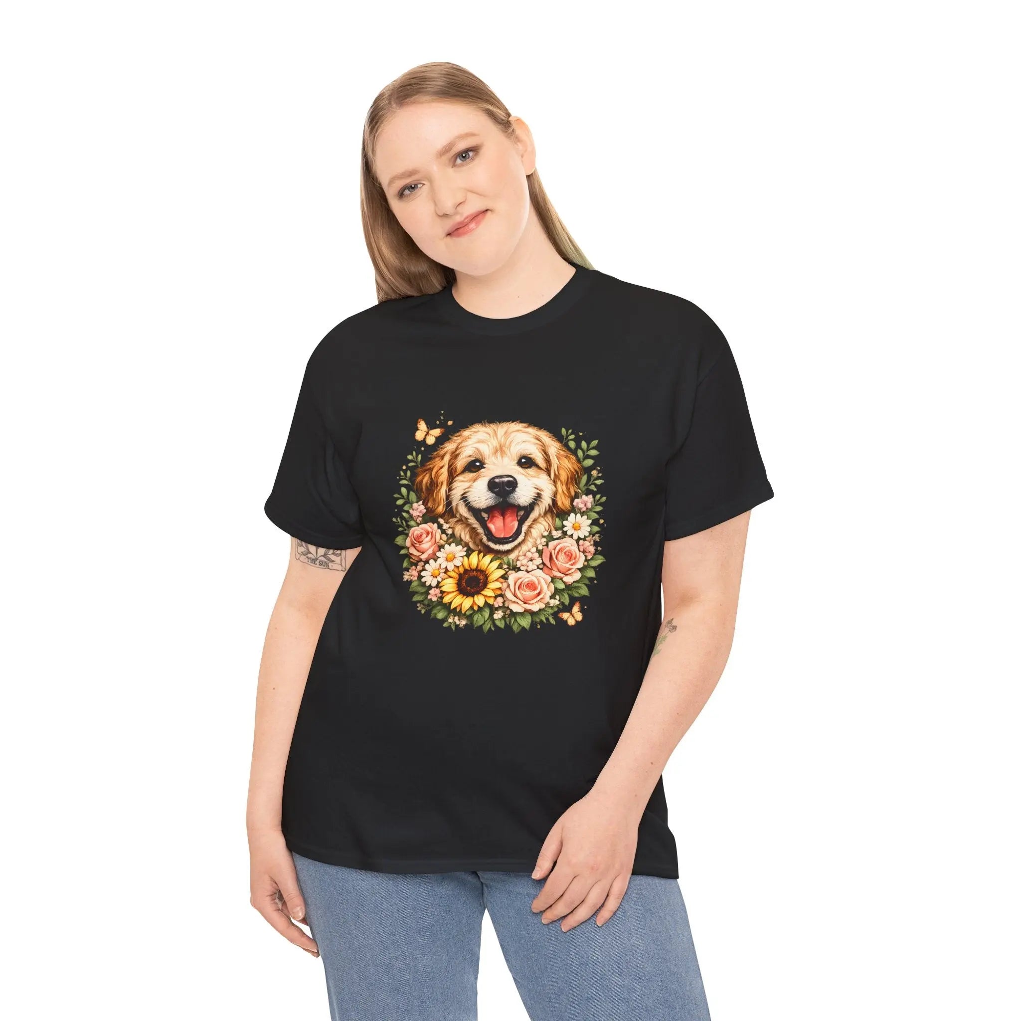 Golden Retriever Floral Tee — Happy Dog with Sunflowers Graphic T-Shirt Printify