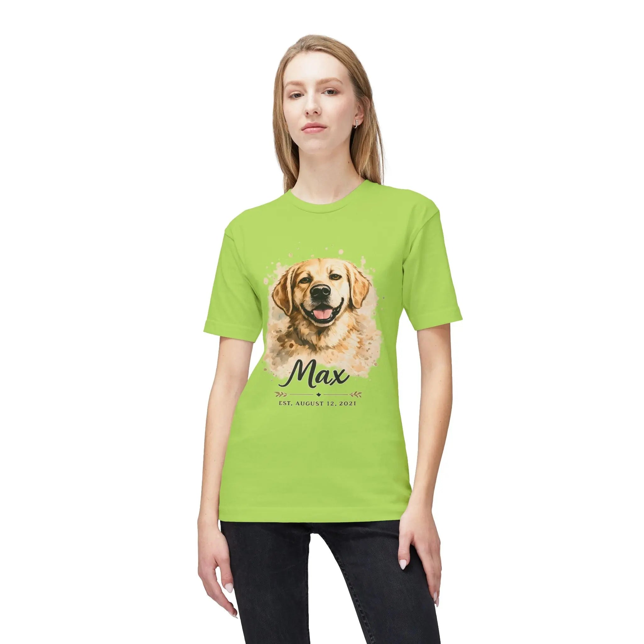 Personalized Dog Portrait Memorial T-Shirt — "Max" Name & Date Printify