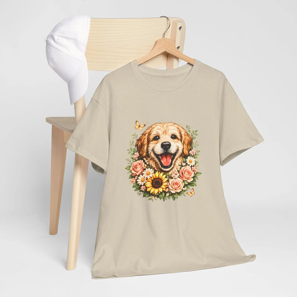Golden Retriever Floral Tee — Happy Dog with Sunflowers Graphic T-Shirt Printify