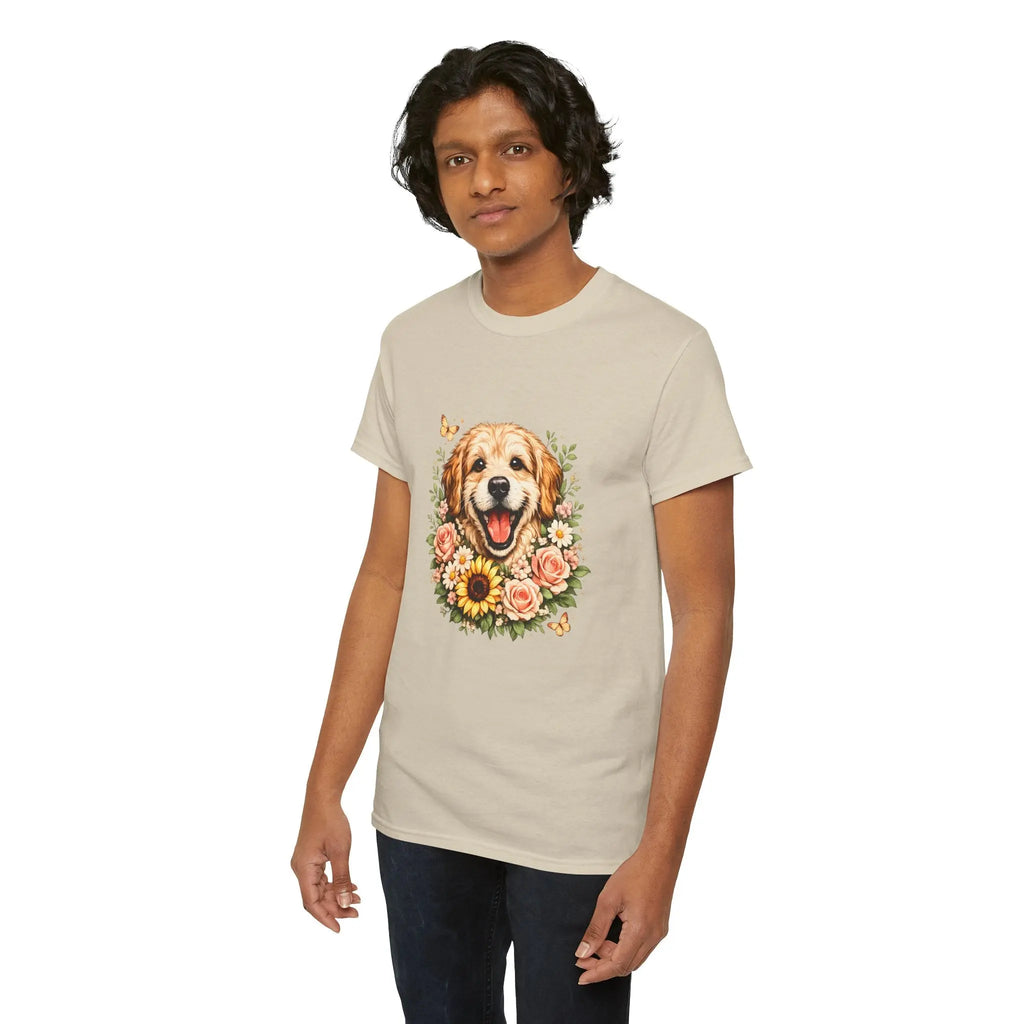 Golden Retriever Floral Tee — Happy Dog with Sunflowers Graphic T-Shirt Printify