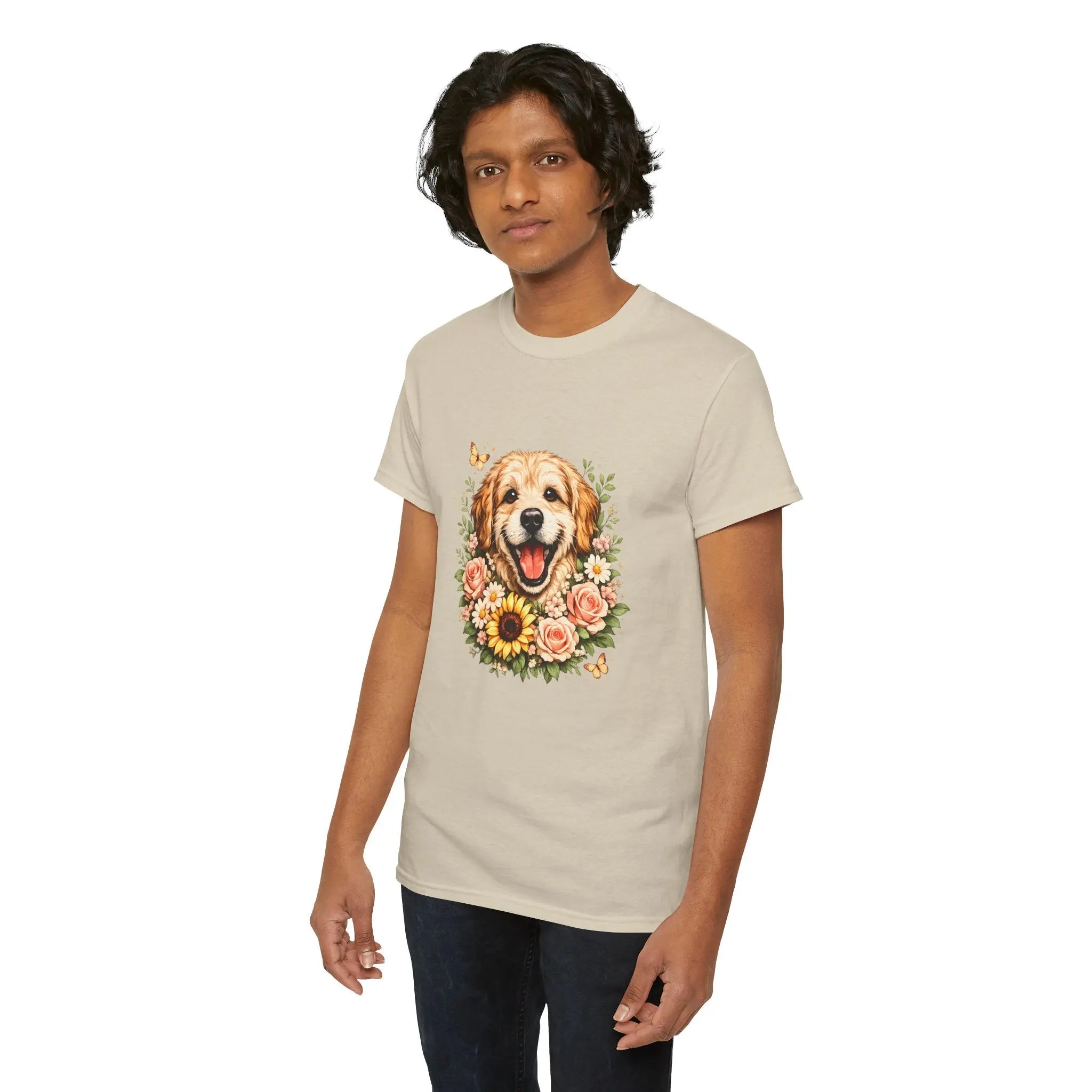 Golden Retriever Floral Tee — Happy Dog with Sunflowers Graphic T-Shirt Printify