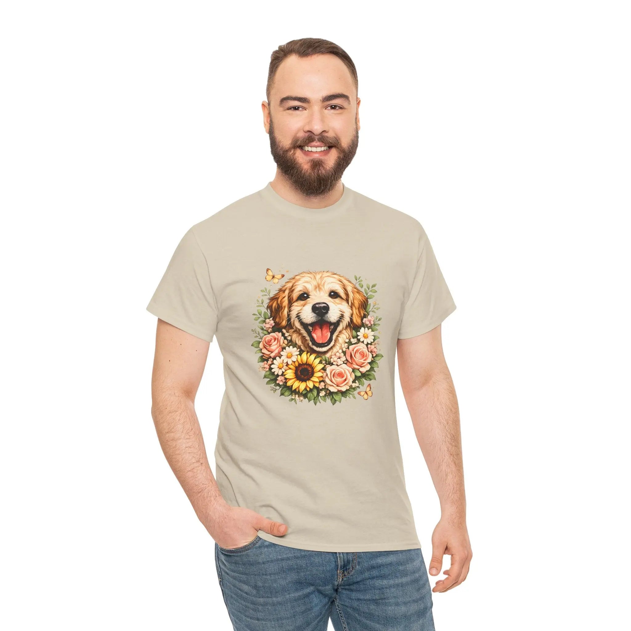 Golden Retriever Floral Tee — Happy Dog with Sunflowers Graphic T-Shirt Printify
