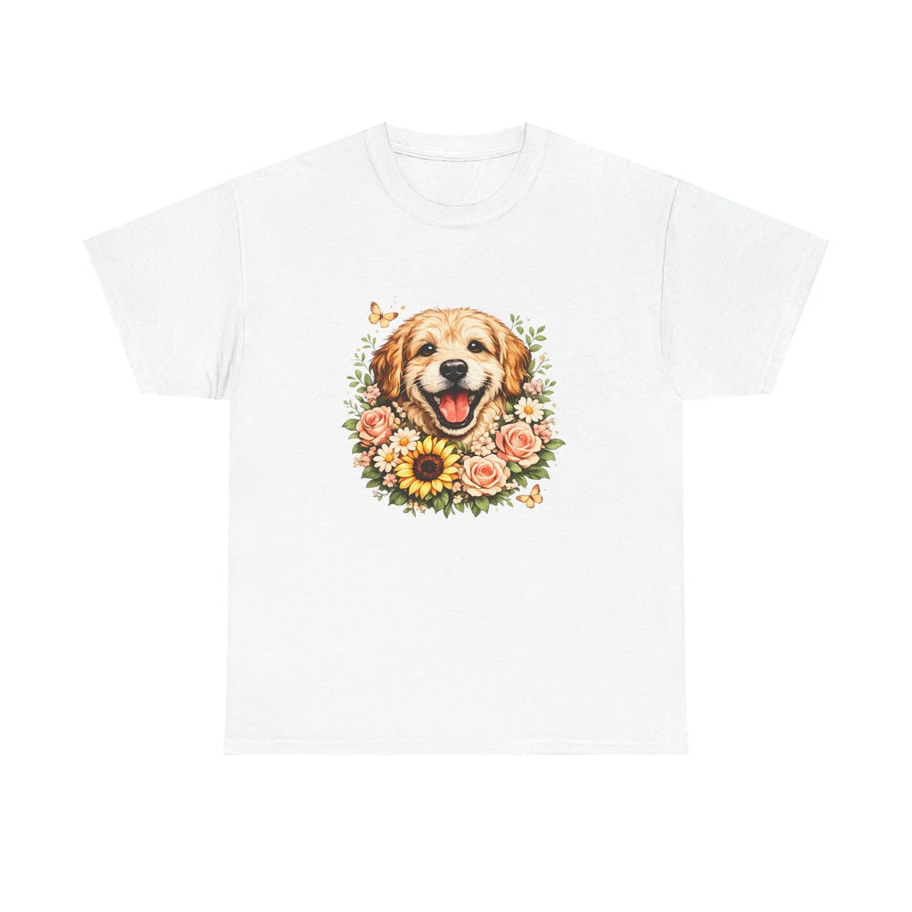 Golden Retriever Floral Tee — Happy Dog with Sunflowers Graphic T-Shirt Printify