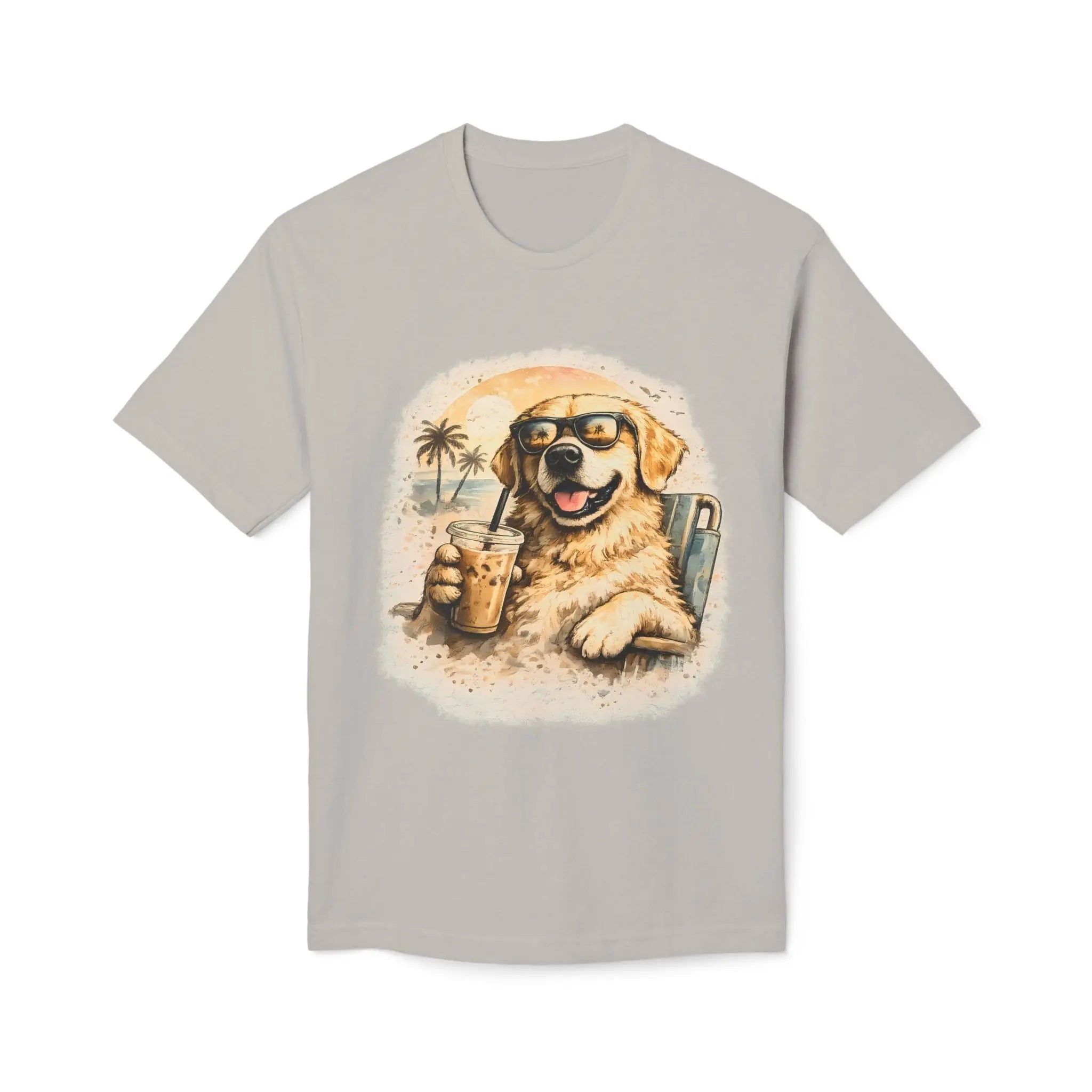Golden Retriever Beach T-Shirt — Dog with Sunglasses & Drink Printify