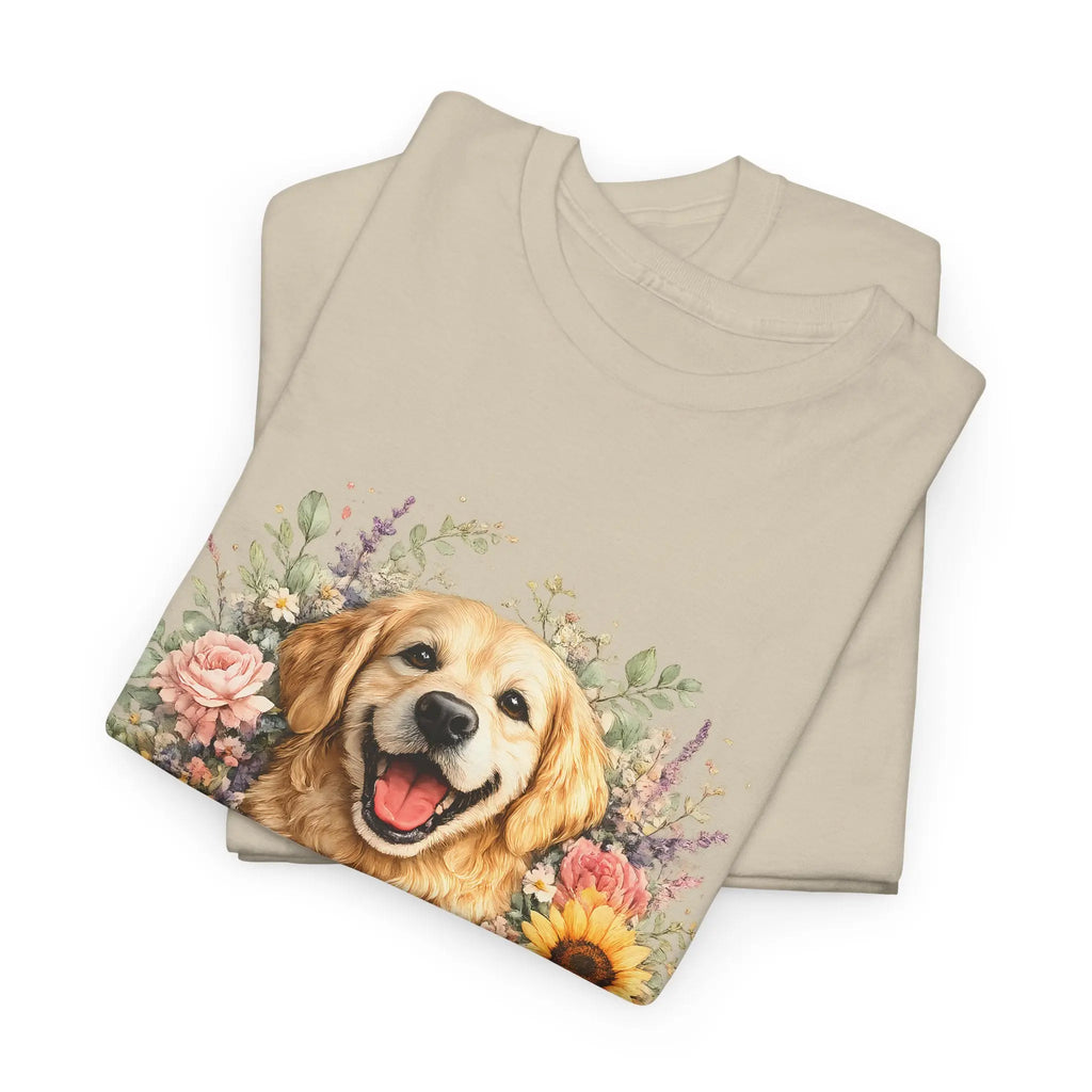 Golden Retriever Floral Tee — Happy Dog with Sunflowers & Roses Printify