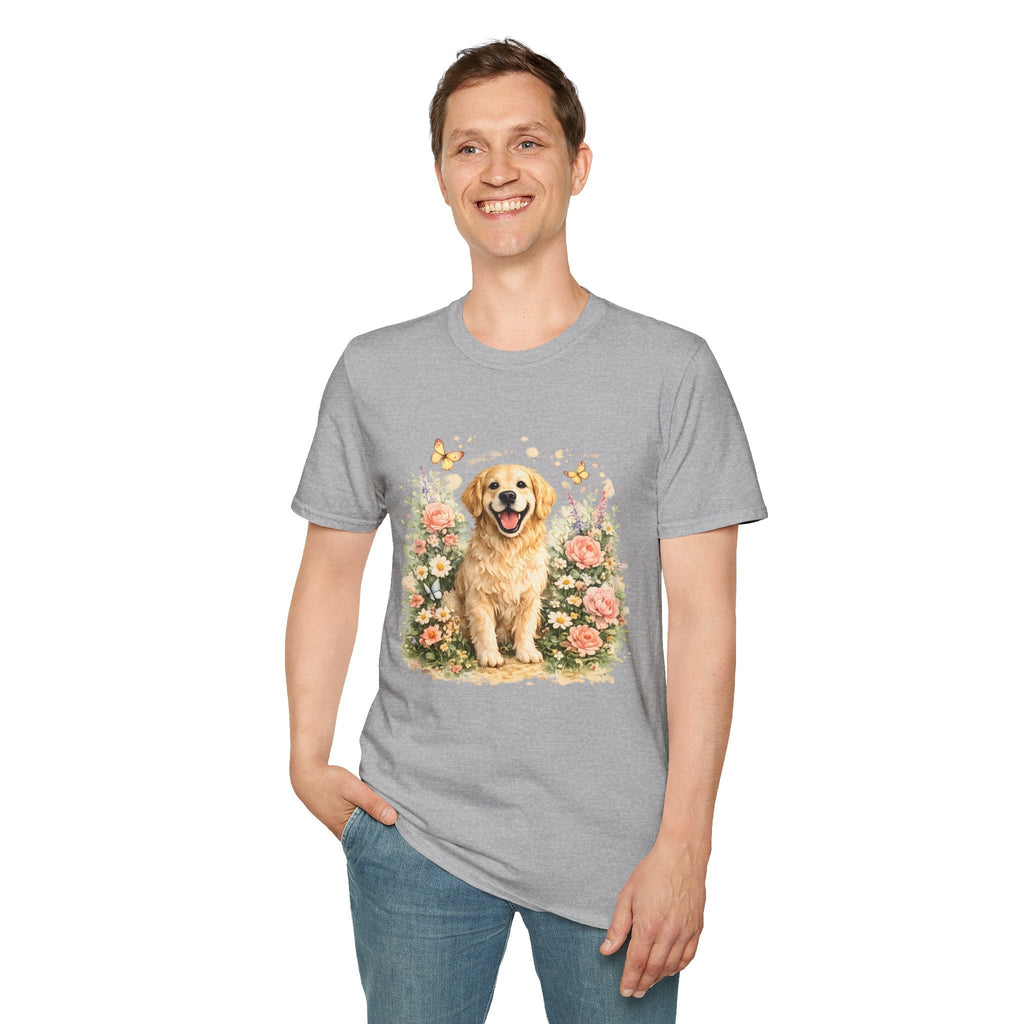 Golden Retriever Floral T-Shirt — Cute Dog with Butterflies Design Printify