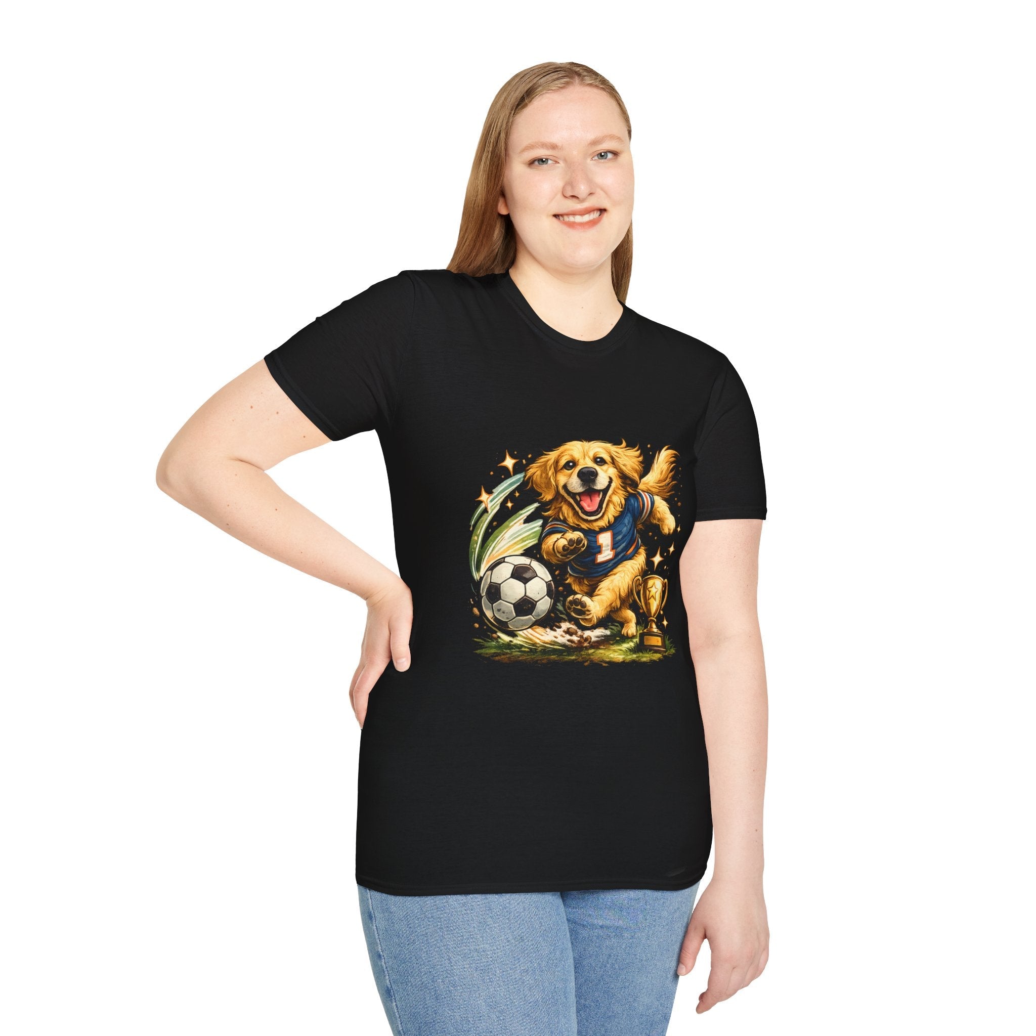 Golden Retriever Soccer T-Shirt — Cute Dog Playing Soccer Graphic Tee Printify