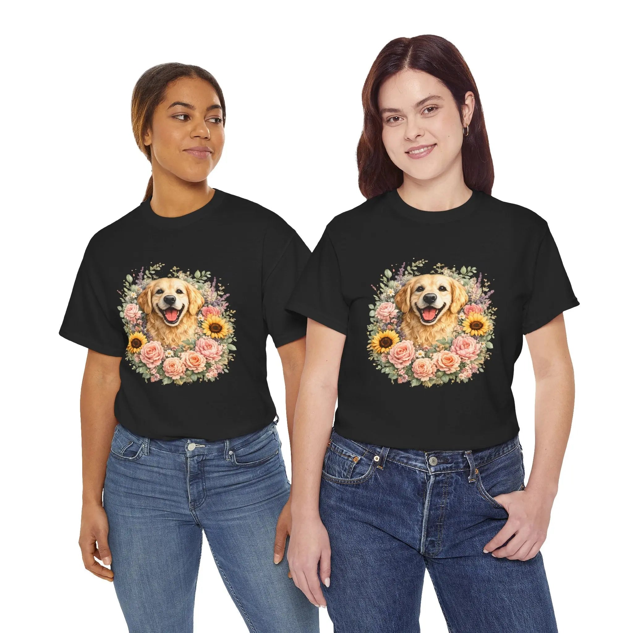 Golden Retriever Floral Tee — Happy Dog with Sunflowers & Roses Printify