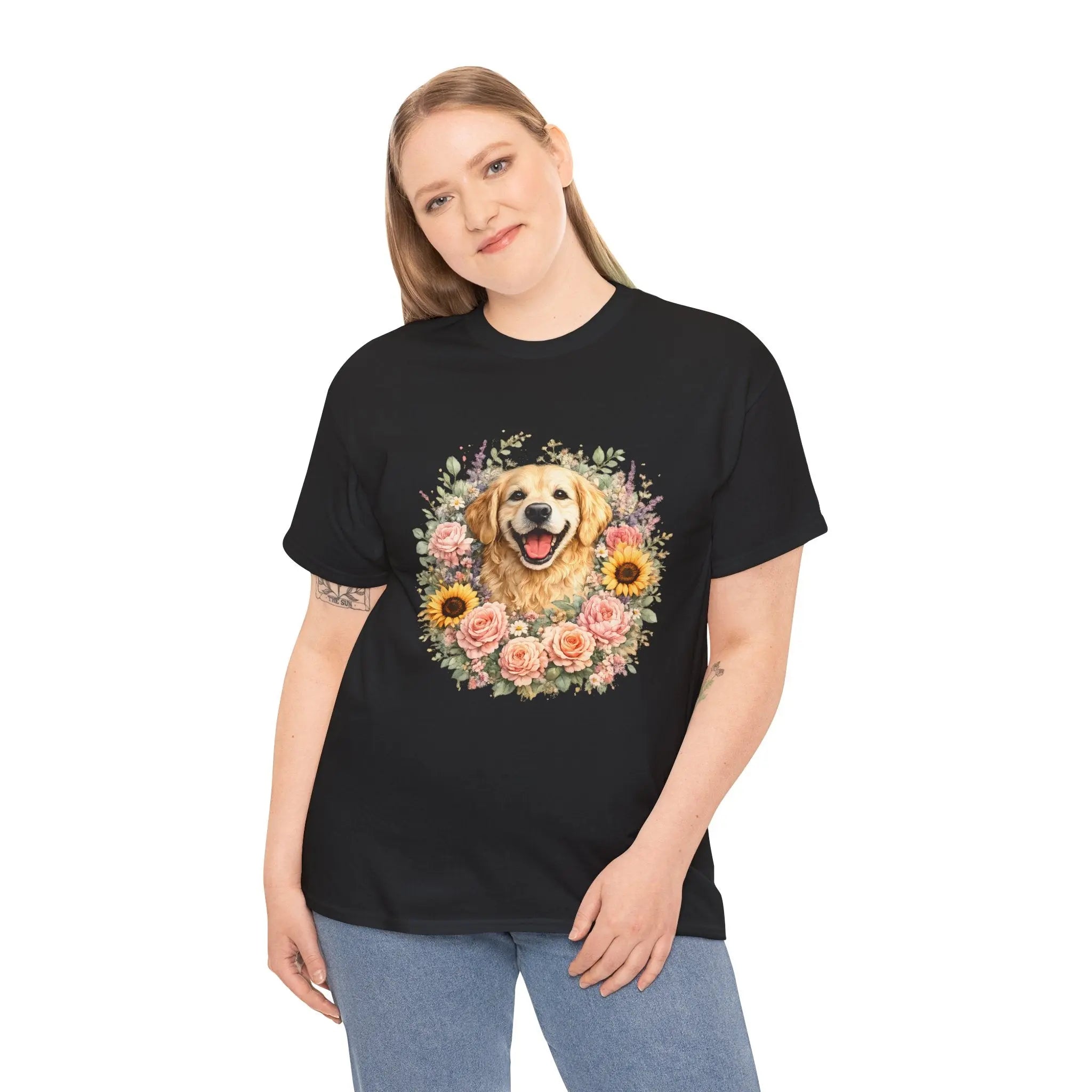 Golden Retriever Floral Tee — Happy Dog with Sunflowers & Roses Printify