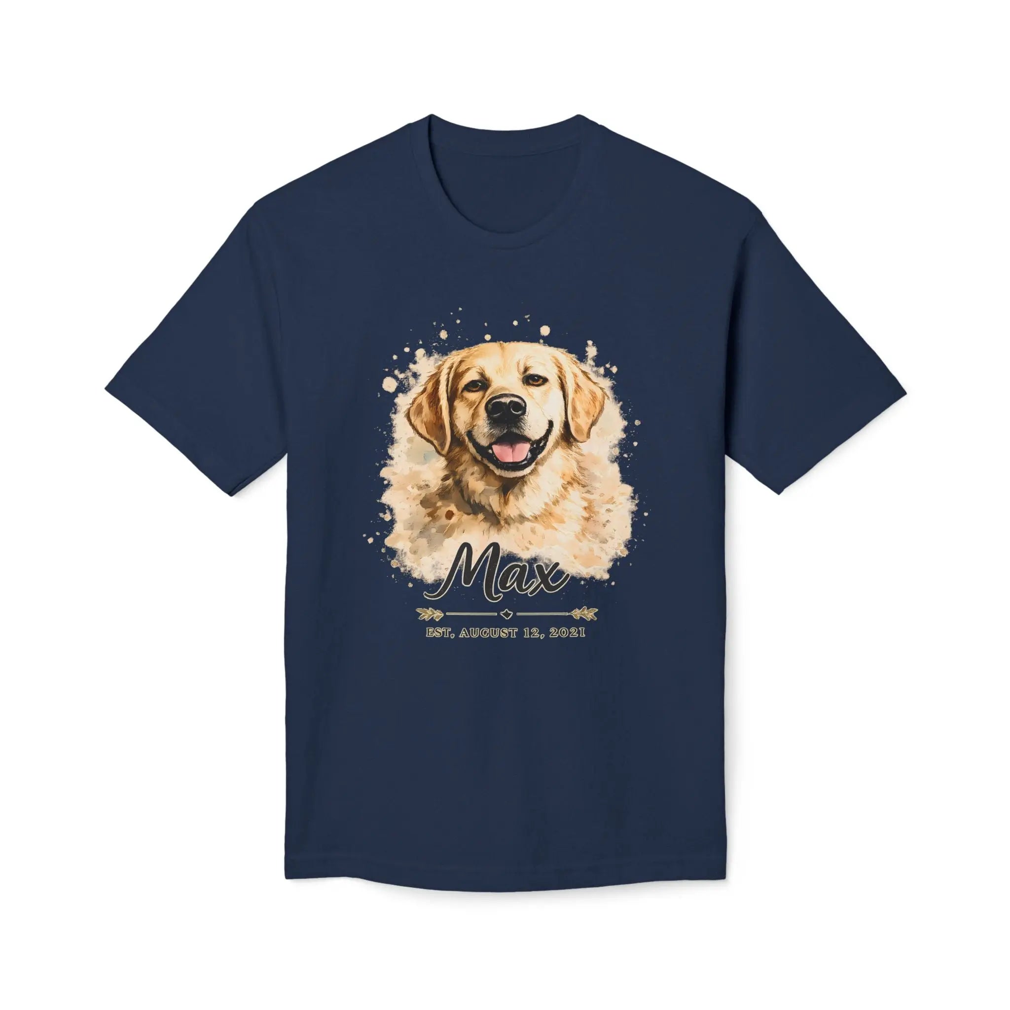 Personalized Dog Portrait Memorial T-Shirt — "Max" Name & Date Printify