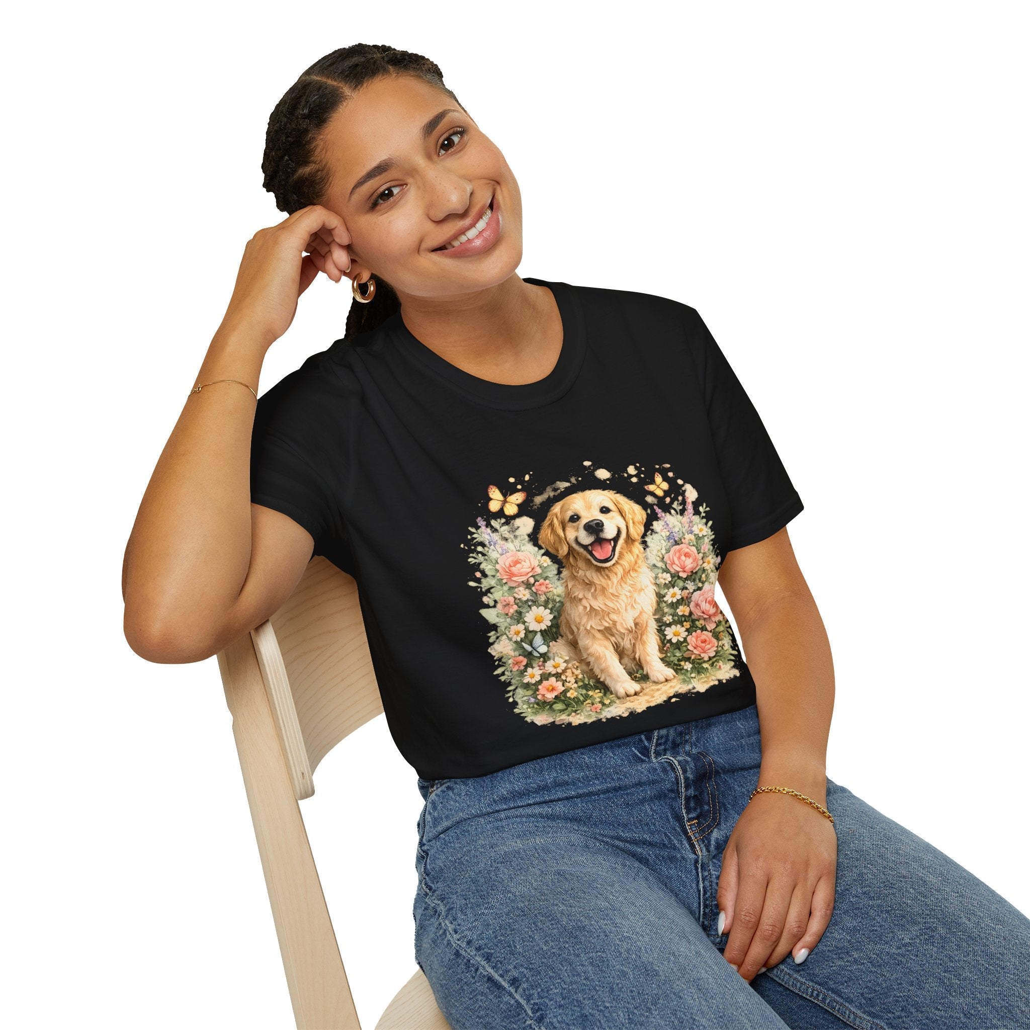 Golden Retriever Floral T-Shirt — Cute Dog with Butterflies Design Printify
