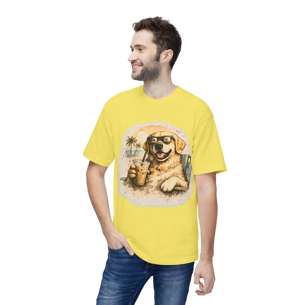 Golden Retriever Beach T-Shirt — Dog with Sunglasses & Drink Printify