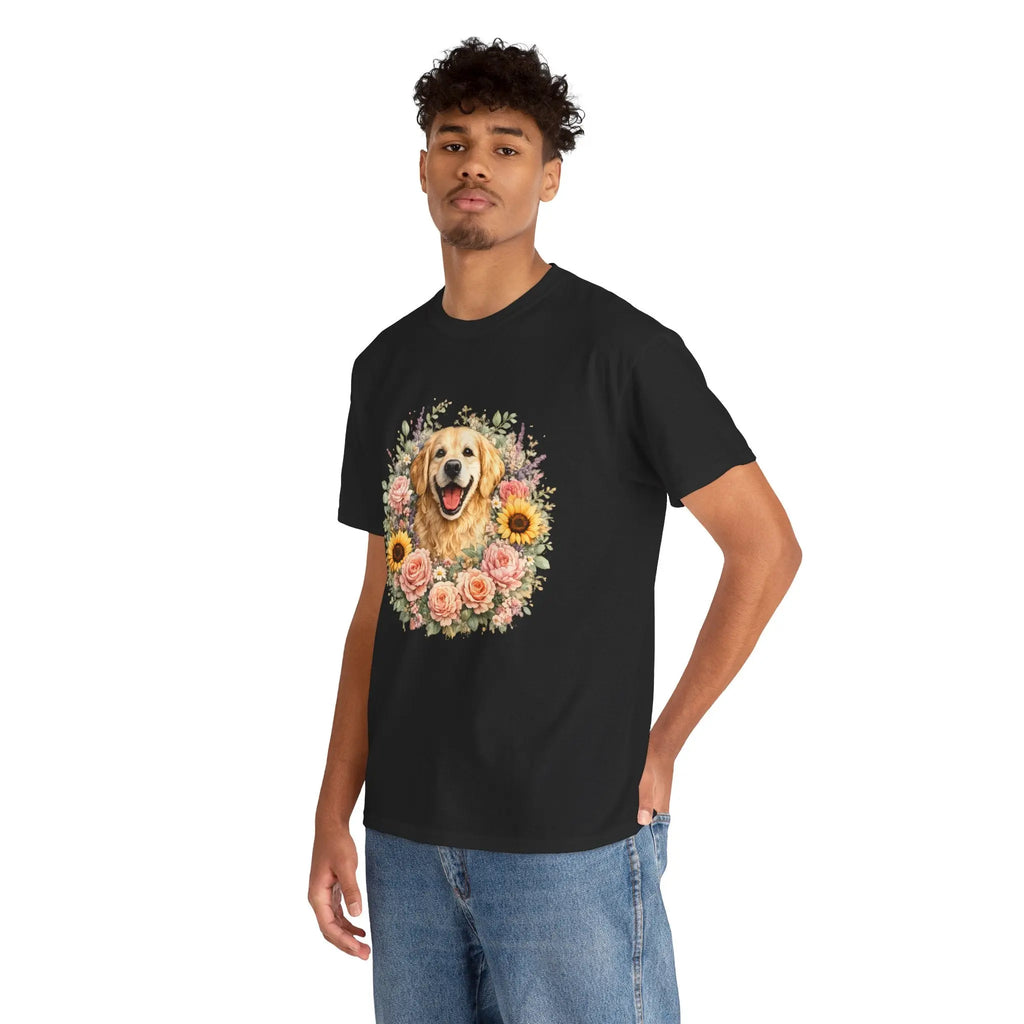 Golden Retriever Floral Tee — Happy Dog with Sunflowers & Roses Printify
