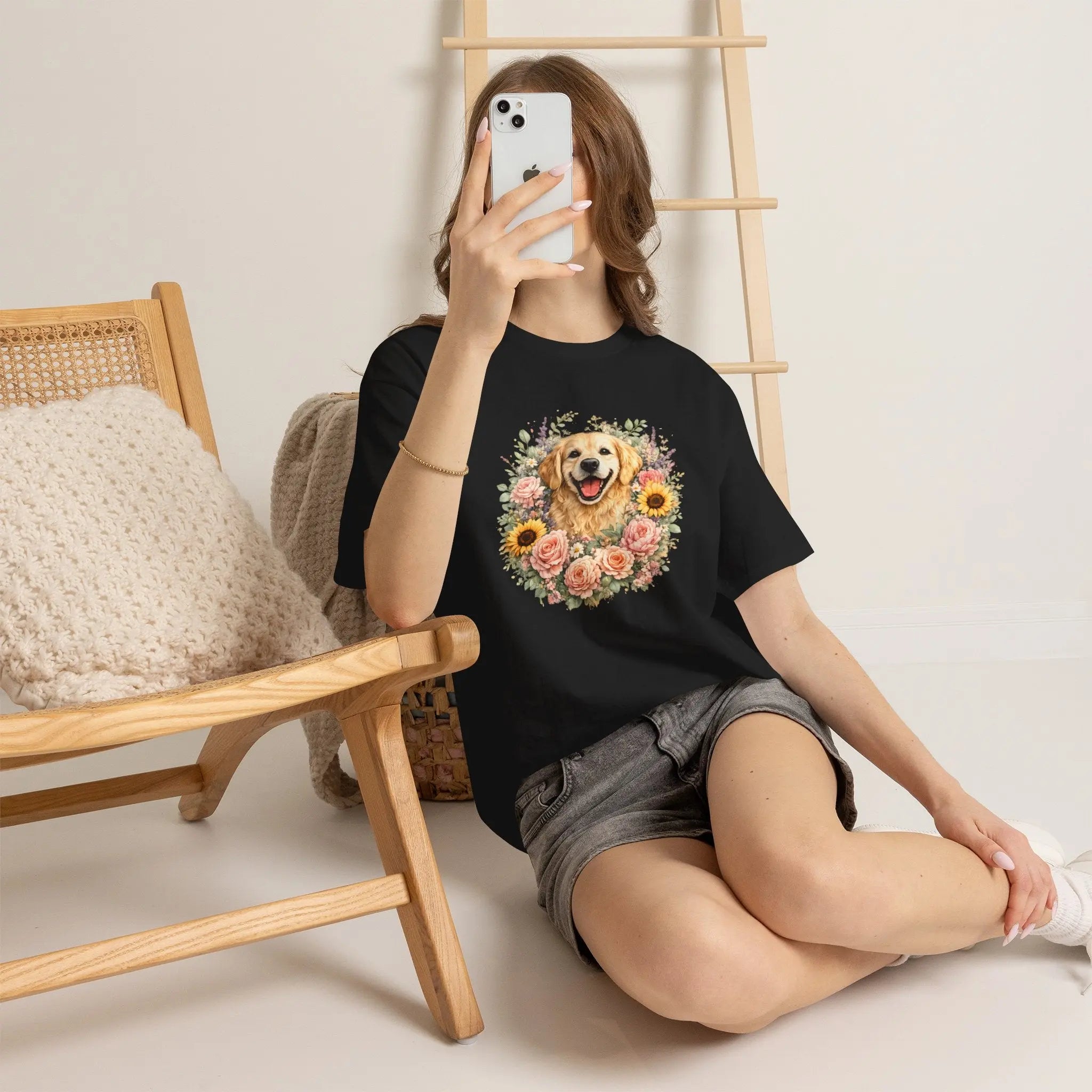 Golden Retriever Floral Tee — Happy Dog with Sunflowers & Roses Printify