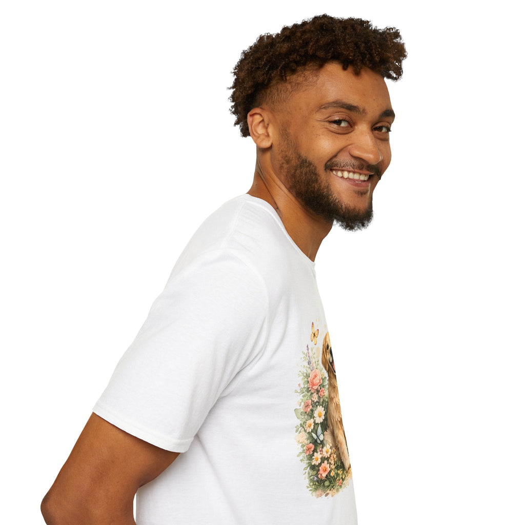 Golden Retriever Floral T-Shirt — Cute Dog with Butterflies Design Printify
