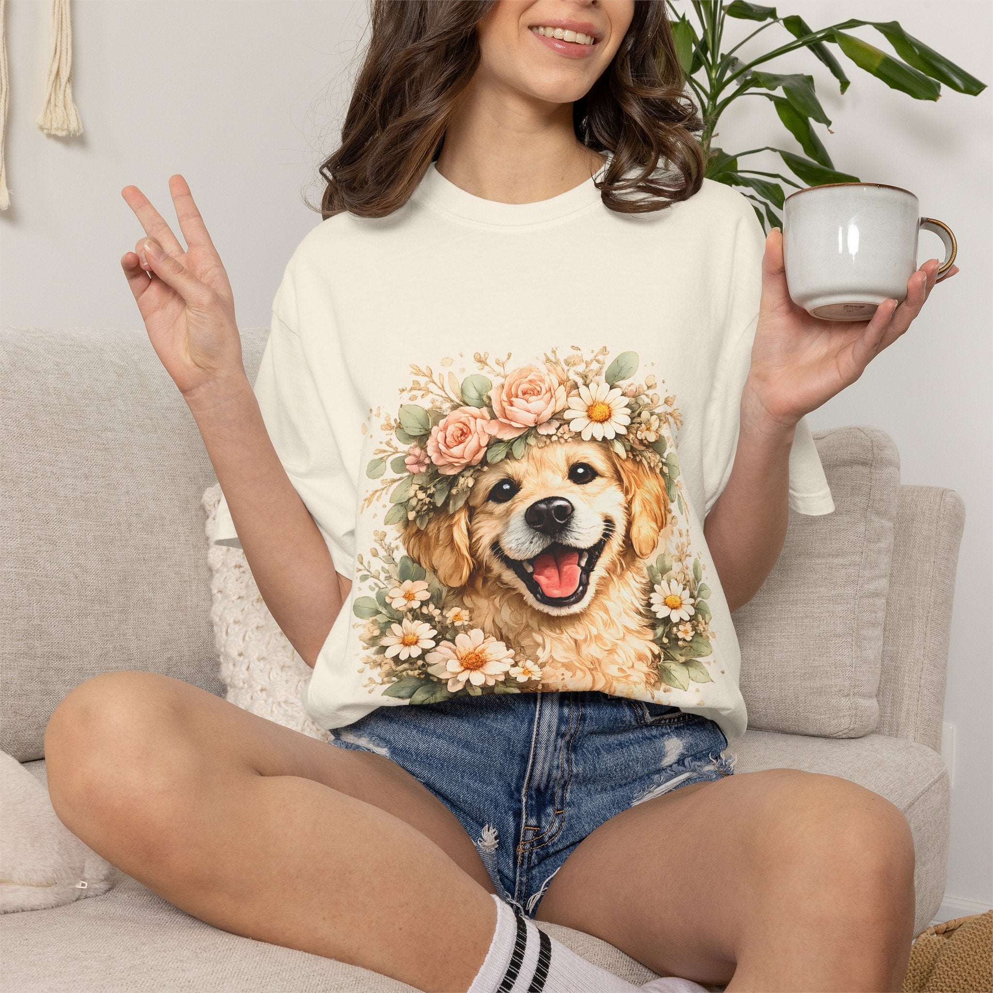 Golden Retriever Floral Crown T-Shirt — Cute Dog Tee for Pet Lovers Printify