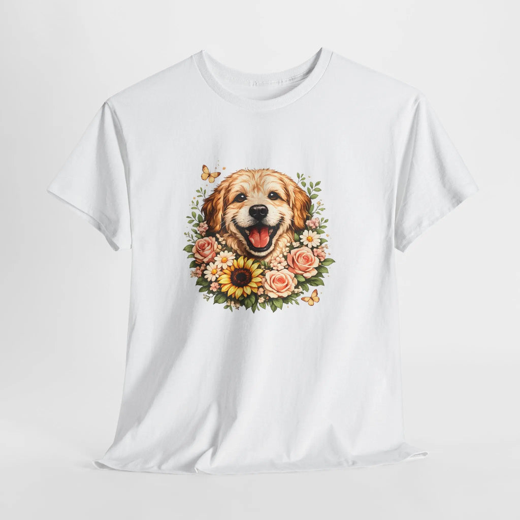 Golden Retriever Floral Tee — Happy Dog with Sunflowers Graphic T-Shirt Printify
