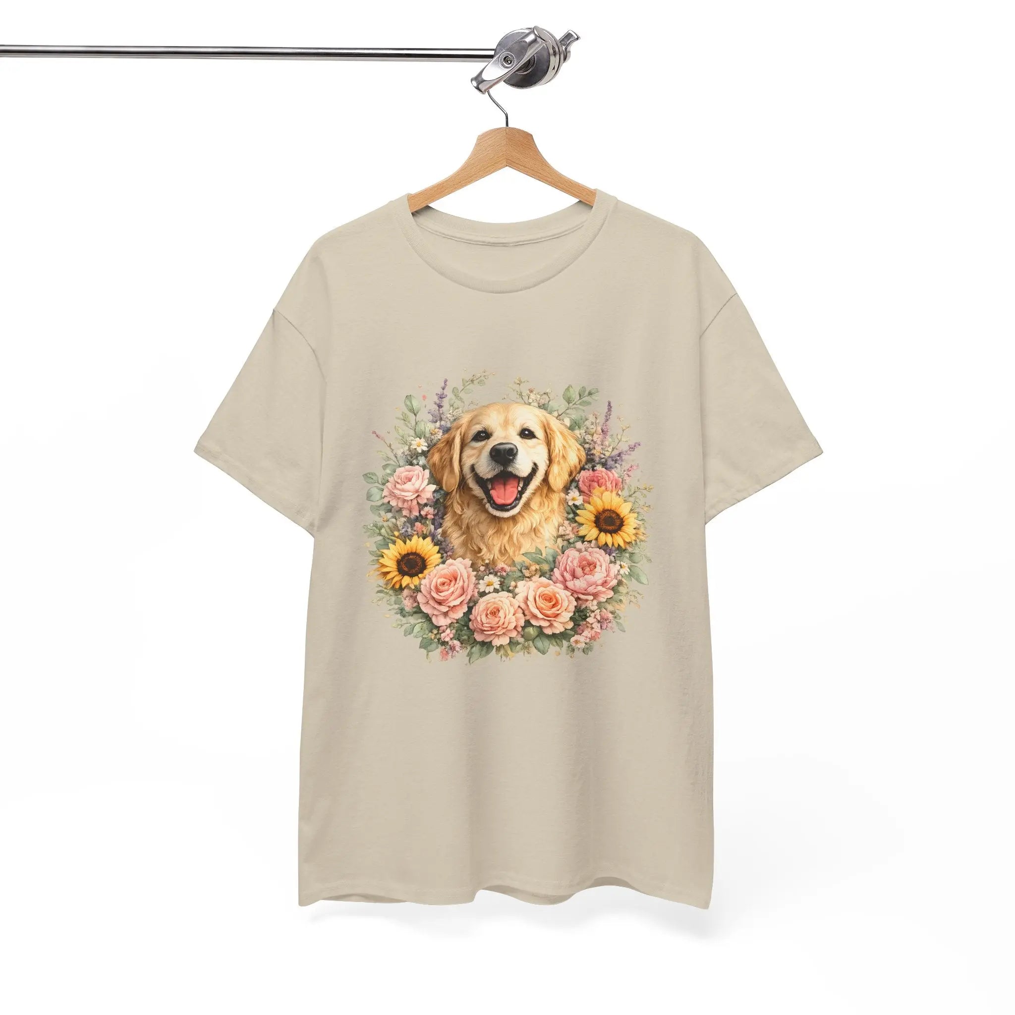 Golden Retriever Floral Tee — Happy Dog with Sunflowers & Roses Printify