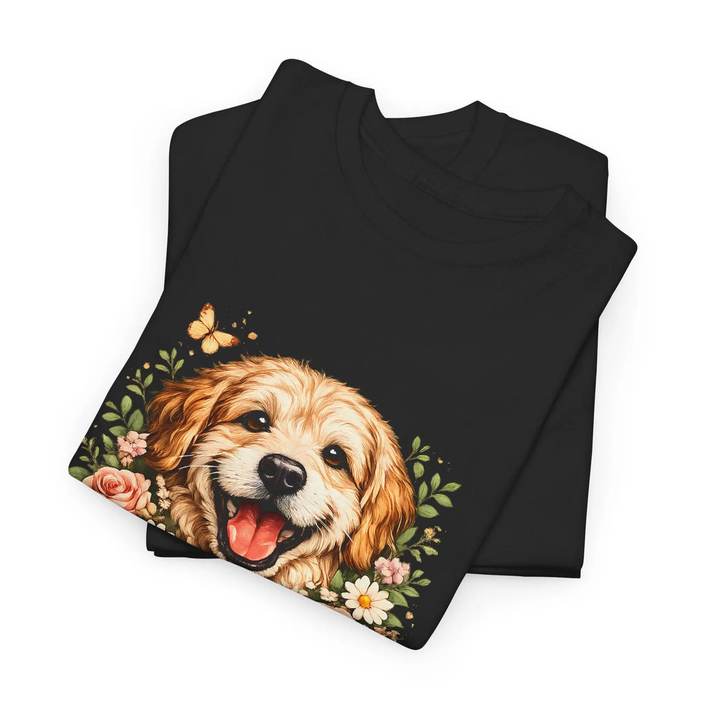 Golden Retriever Floral Tee — Happy Dog with Sunflowers Graphic T-Shirt Printify