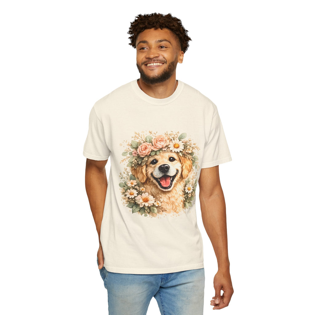 Golden Retriever Floral Crown T-Shirt — Cute Dog Tee for Pet Lovers Printify
