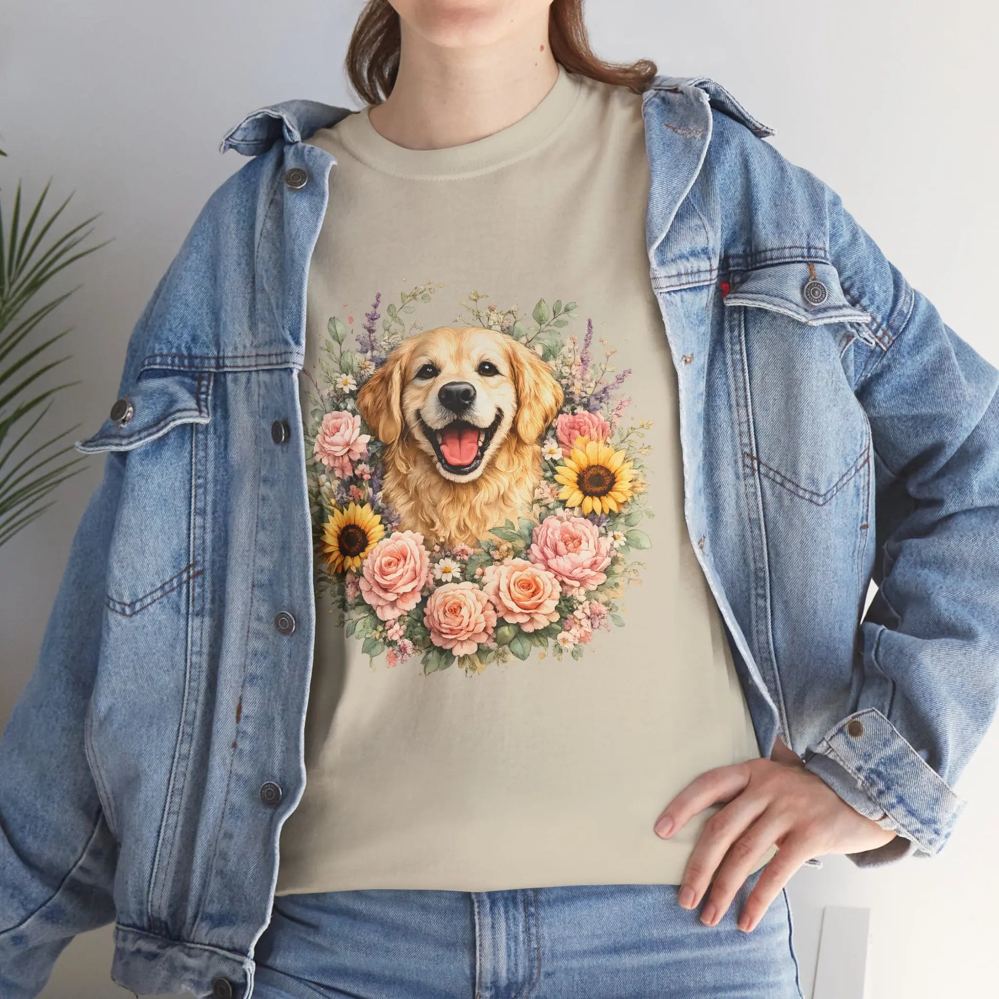 Golden Retriever Floral Tee — Happy Dog with Sunflowers & Roses Printify